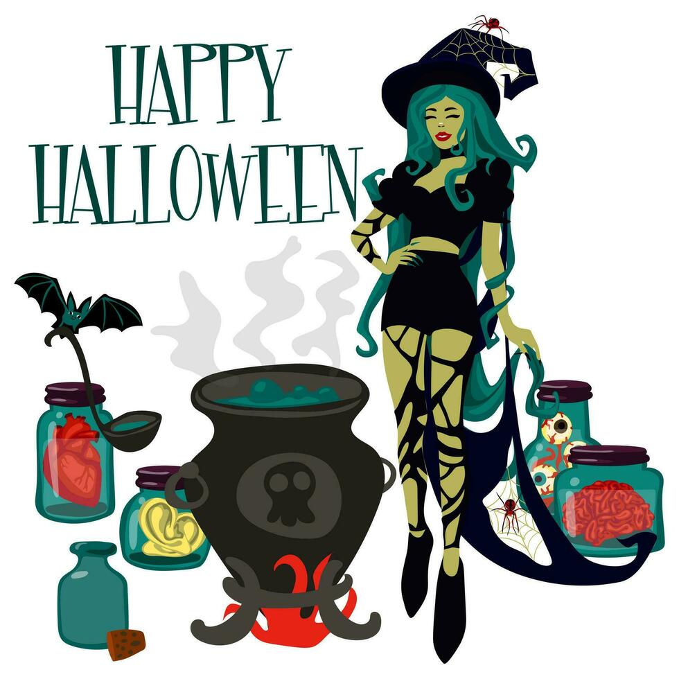 Vector illustration of a witch with bats, a cauldron, cans with body parts and the inscription Happy Halloween for a party invitation card, poster. Greeting card, banner for the Day of the Dead