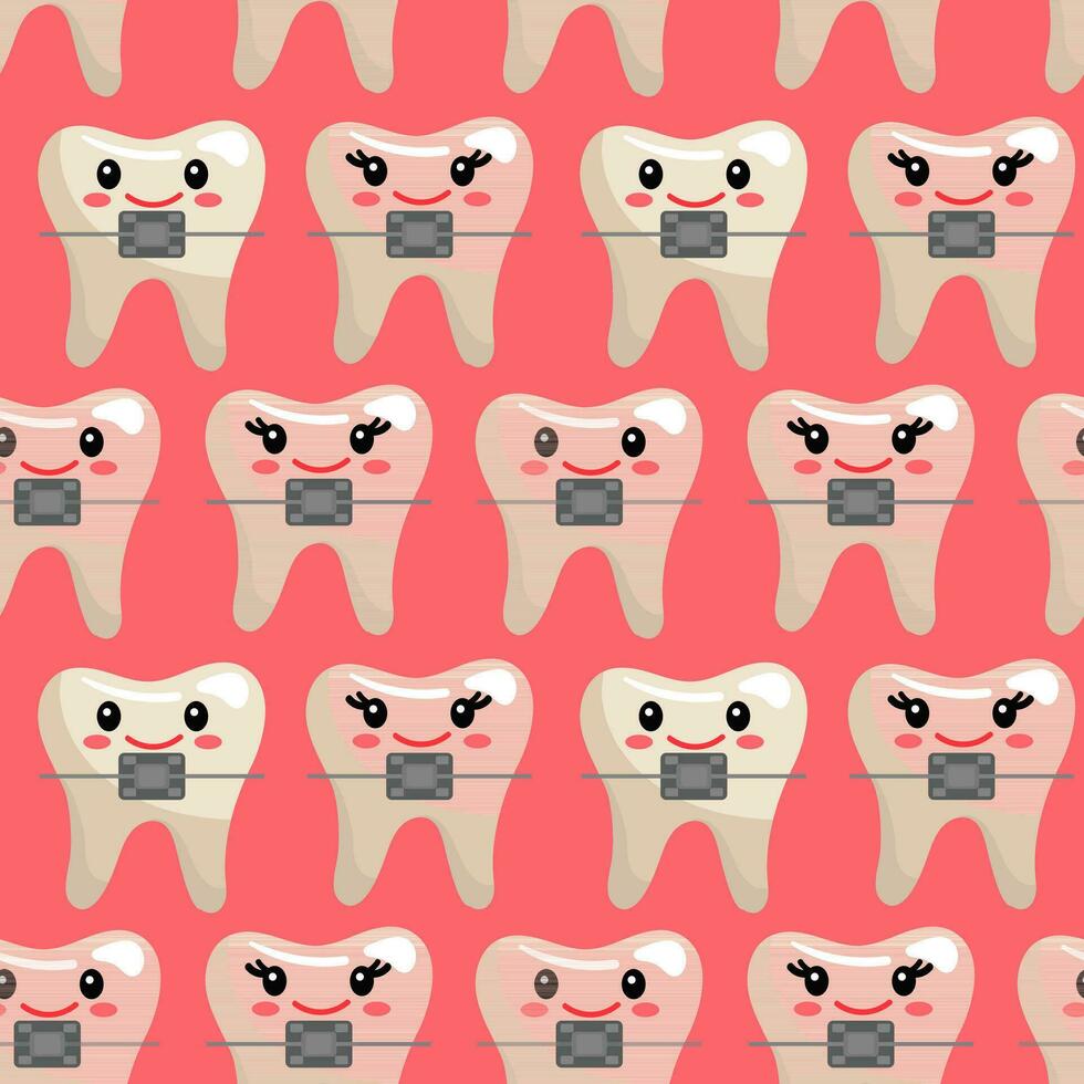 A pattern of cheerful smiling teeth in braces, a boy and a girl crying. The theme is even teeth. Funny vector illustration. Pink background for dental tissue, wrapping paper. Seamless cartoon ornament