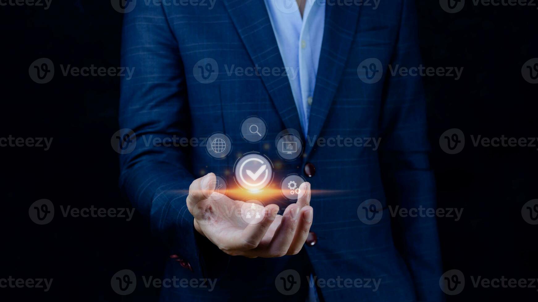 Quality management with Quality assurance or QA and Quality control or QC and improvement. Standardization and certification concept. compliance to regulations and standards. concept with manager. photo