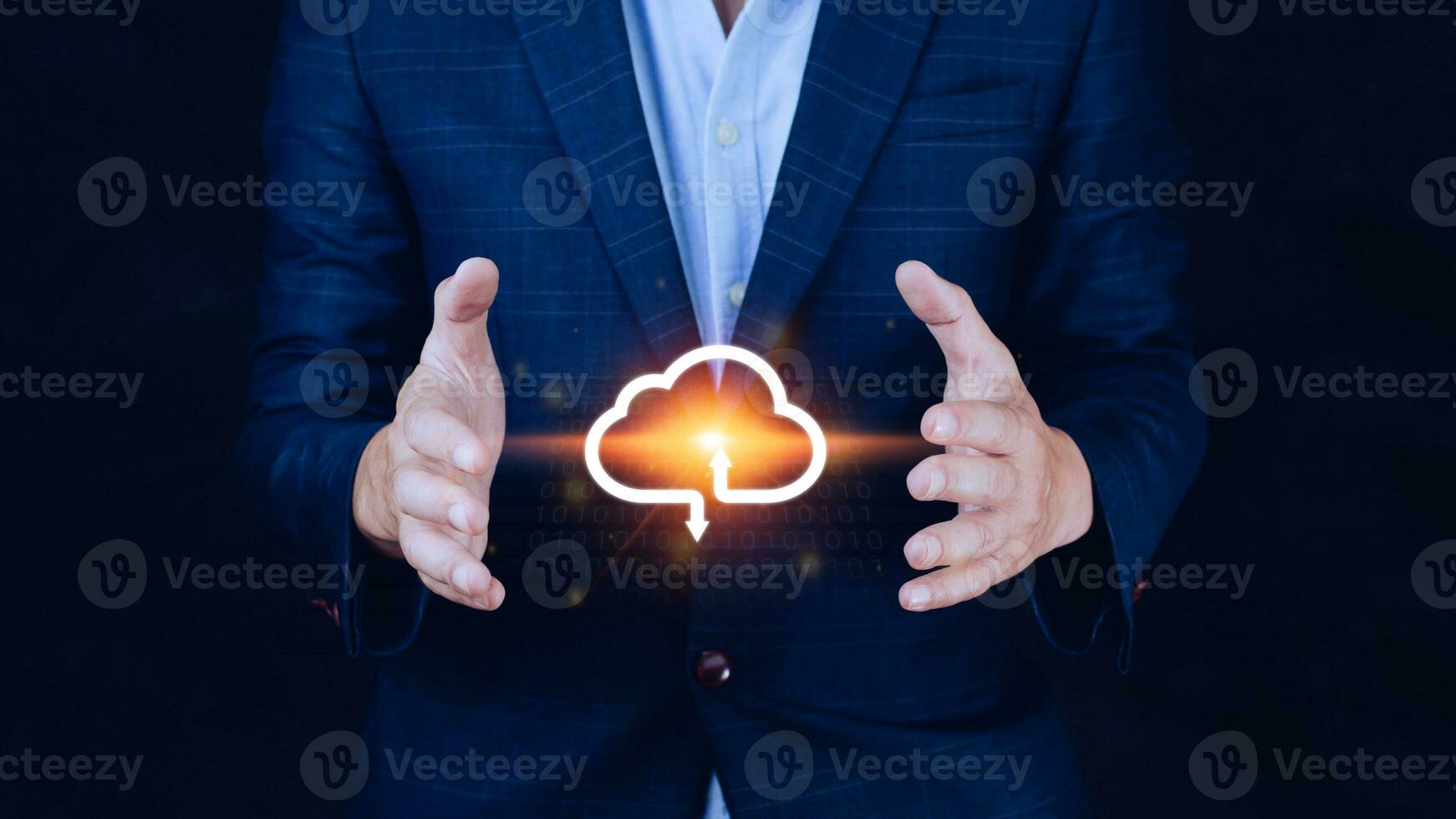 Businessman holding and giving virtual cloud icon computing with copy space to transfer data information and upload download application. technology transformation concept.Big data Concept photo