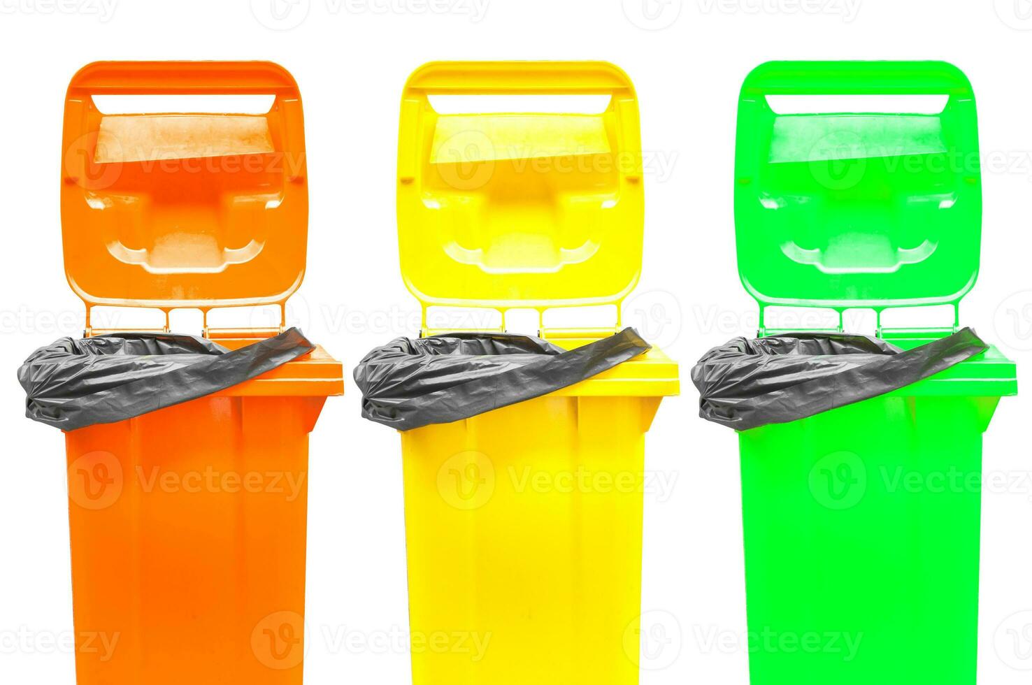 Collection of large colorful trash cans garbage bins isolated on white photo