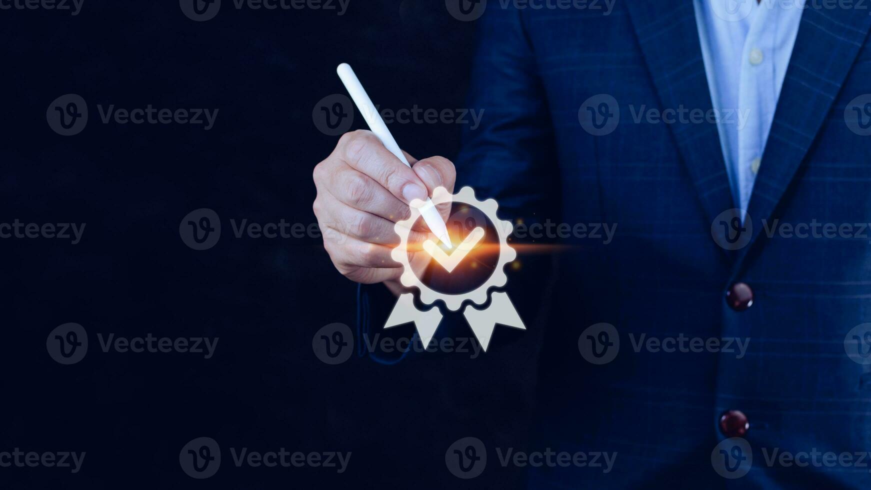 Businessman hand touching to sign of top service Quality assurance symbol, Guarantee, best product, Standards, ISO certification and standardization concept. photo