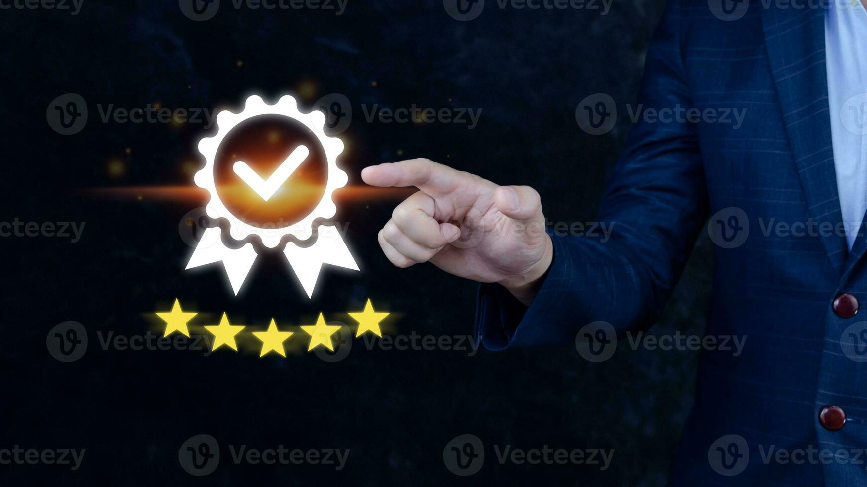 Businessman hand touching to symbol of the top service Quality assurance 5 star, Guarantee, best product, Standards, ISO certification and standardization concept. photo