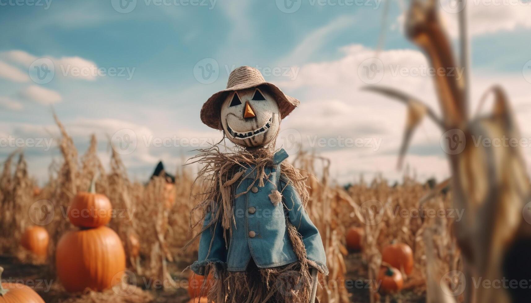 Smiling scarecrow decorates rural scene for spooky Halloween celebration generated by AI photo