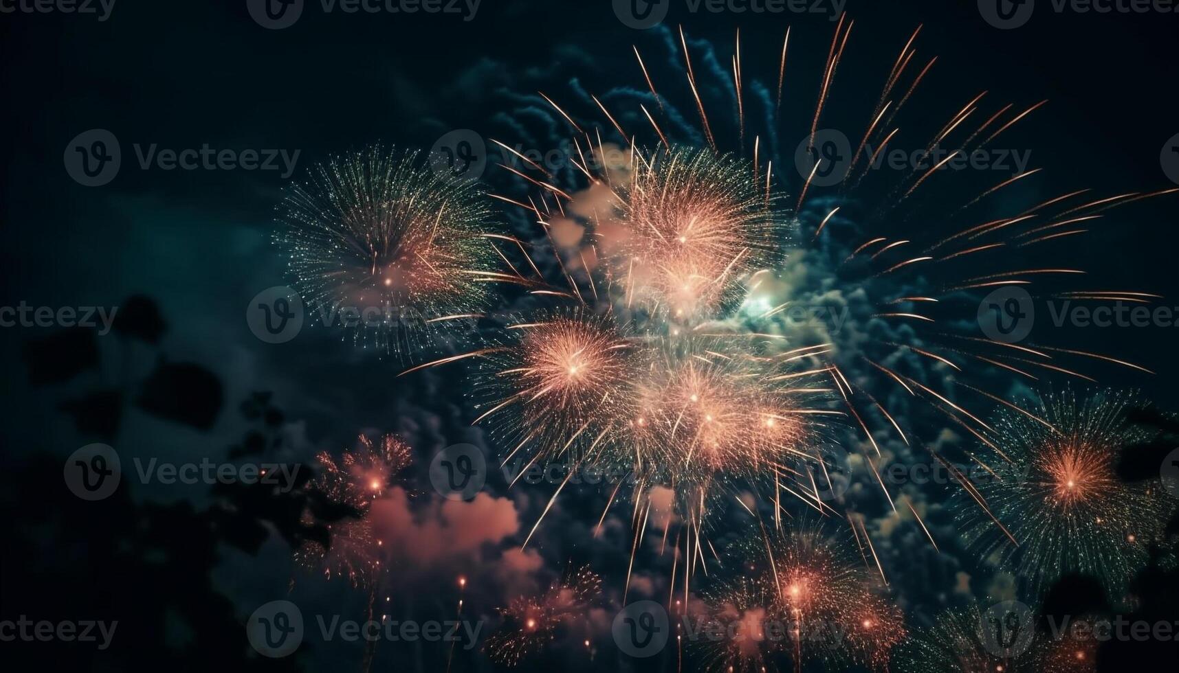 Explosive fireworks illuminate the dark night sky in celebration generated by AI photo