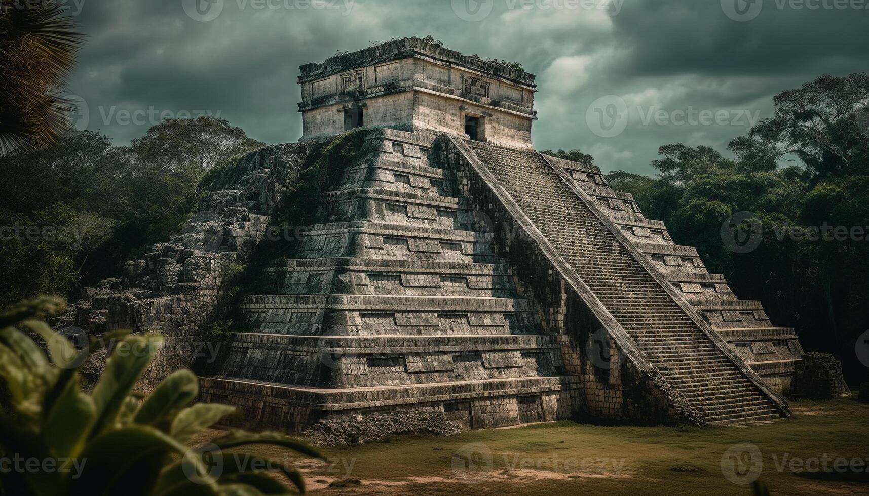 Ancient pyramid staircase in tropical rainforest, a ruined international landmark generated by AI photo