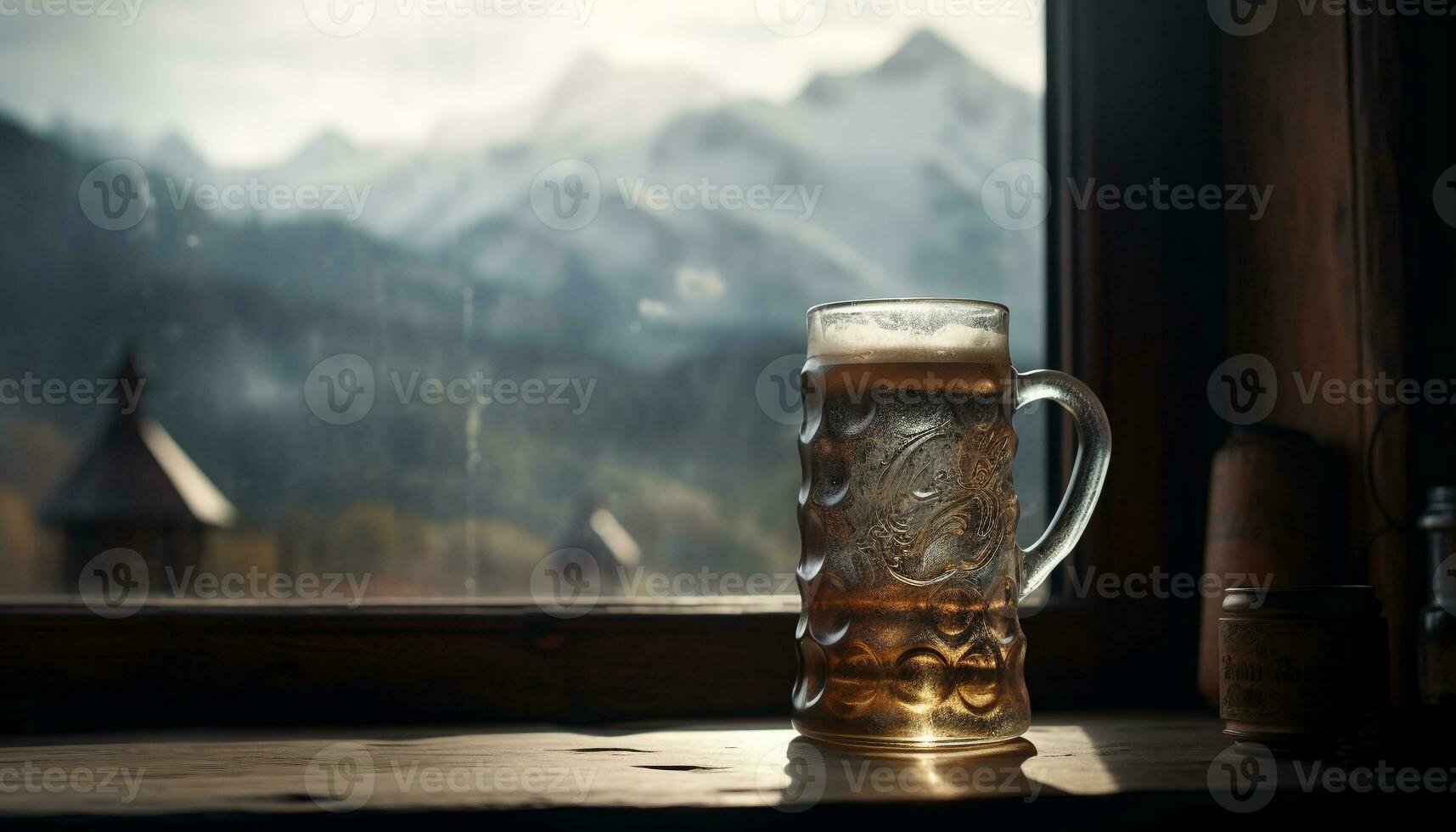 A frothy drink in a beer glass on a wooden table generated by AI photo