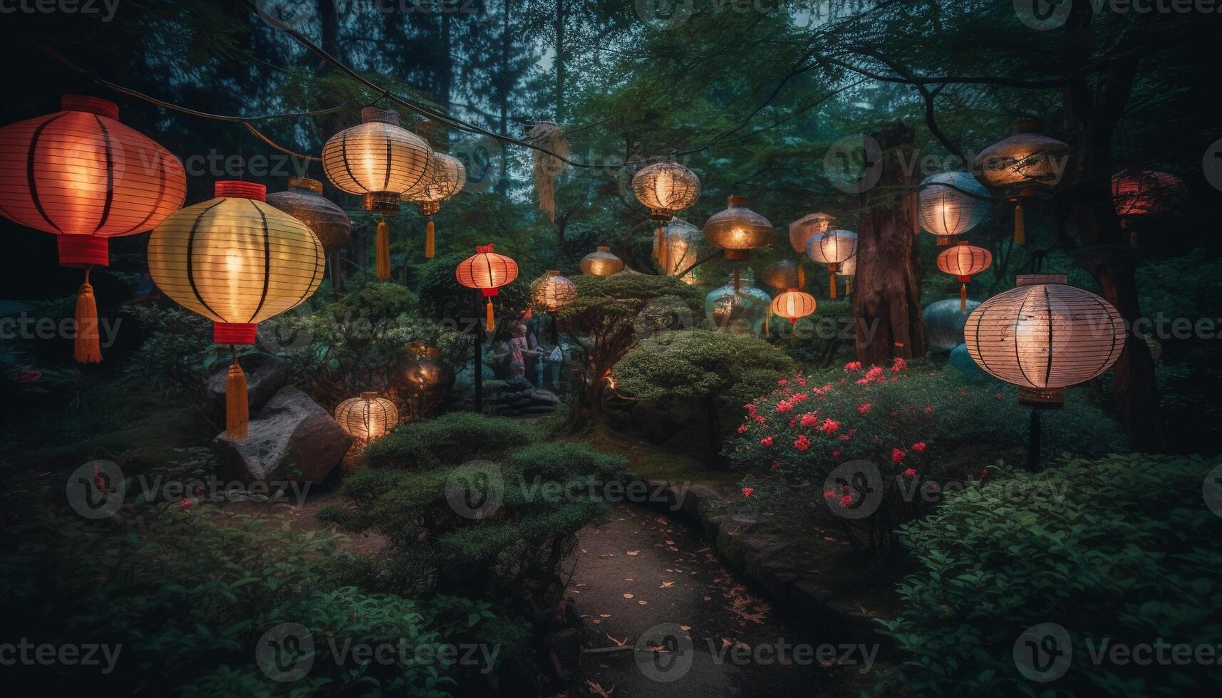 Chinese paper lanterns illuminate forest, celebrating traditional culture outdoors generated by AI photo