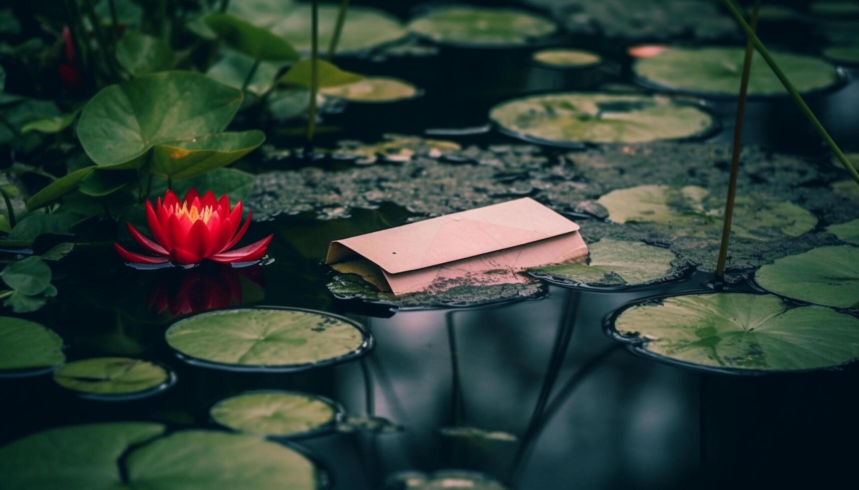 Lotus flower floating on pond, symbol of spirituality and tranquility generated by AI photo