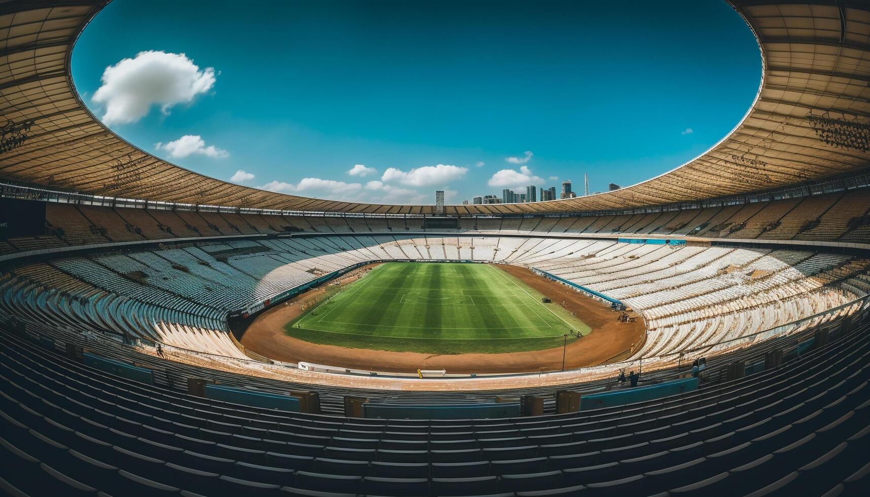 Playing field, empty bleachers, athlete, soccer ball, success, competition generated by AI photo