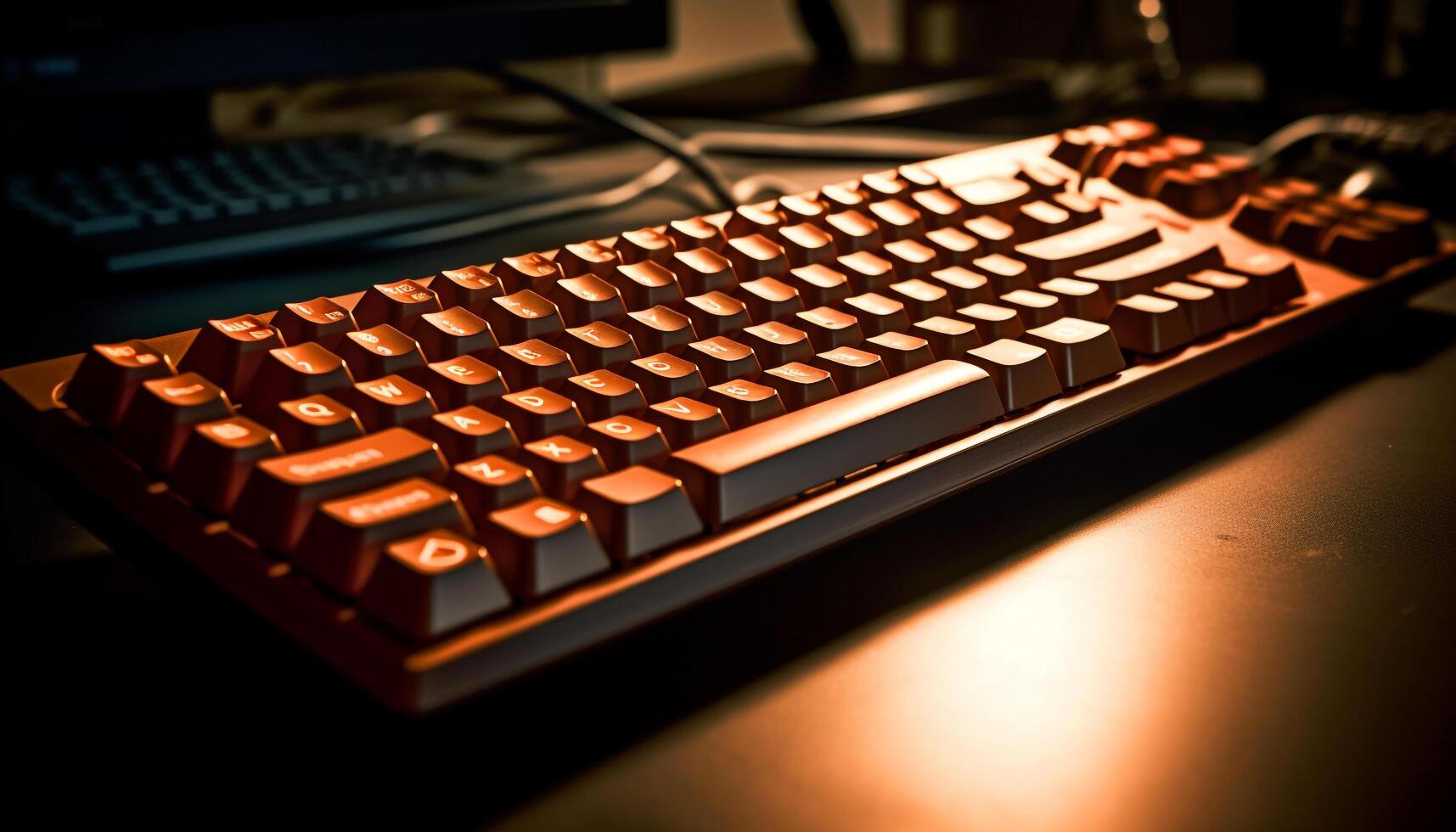 Modern computer keyboard illuminates dark office, symbol of global communication generated by AI photo