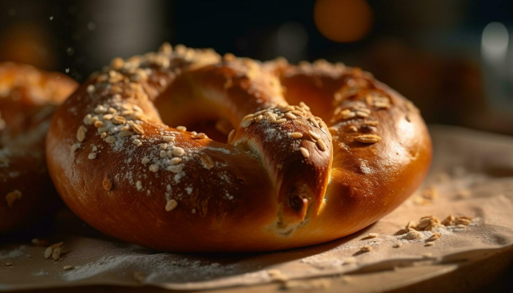 Freshly baked bagel, a gourmet snack for a sweet indulgence generated by AI photo