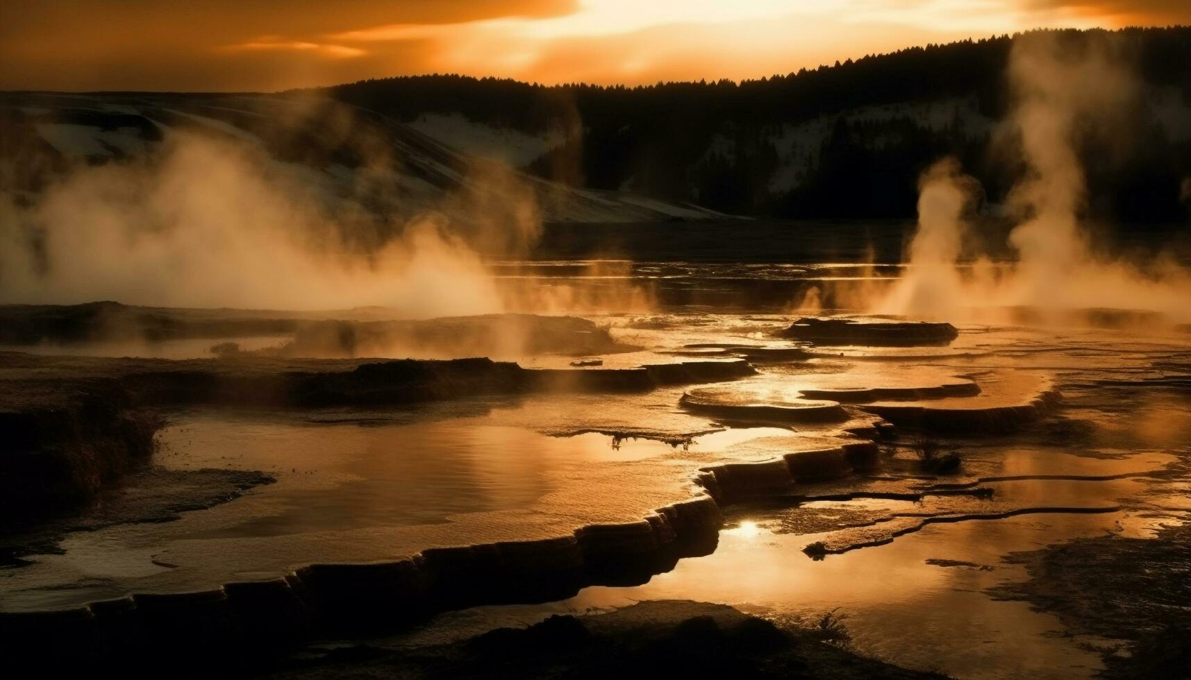 Majestic mountain reflects in tranquil pond, mystery in non urban scene generated by AI photo