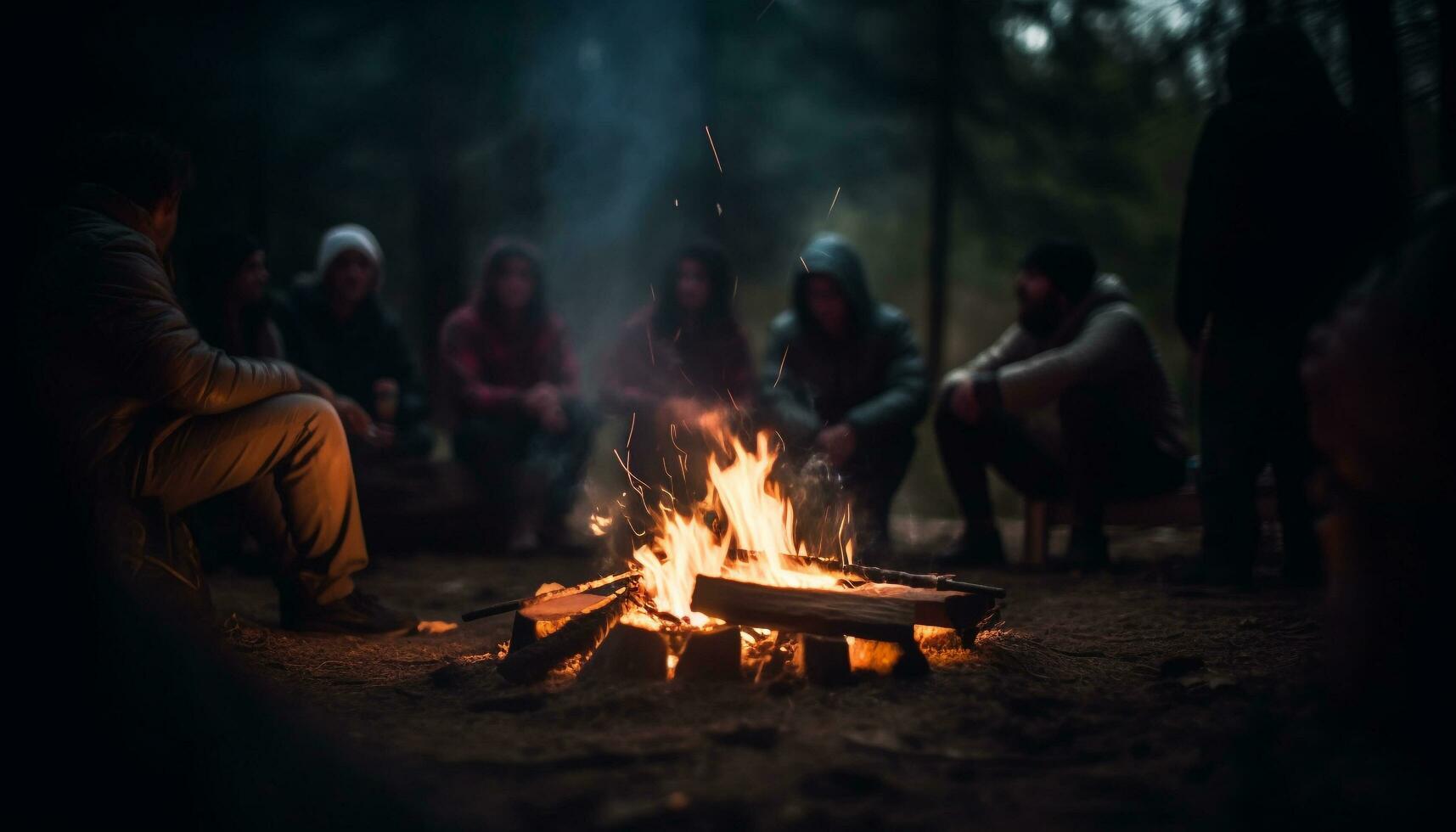 A group of cheerful friends sit around a glowing campfire generated by AI photo