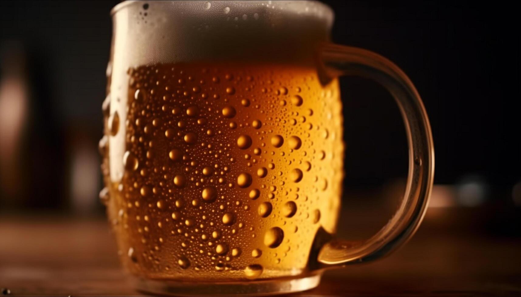 A frothy drop of golden beer on a wooden table generated by AI photo