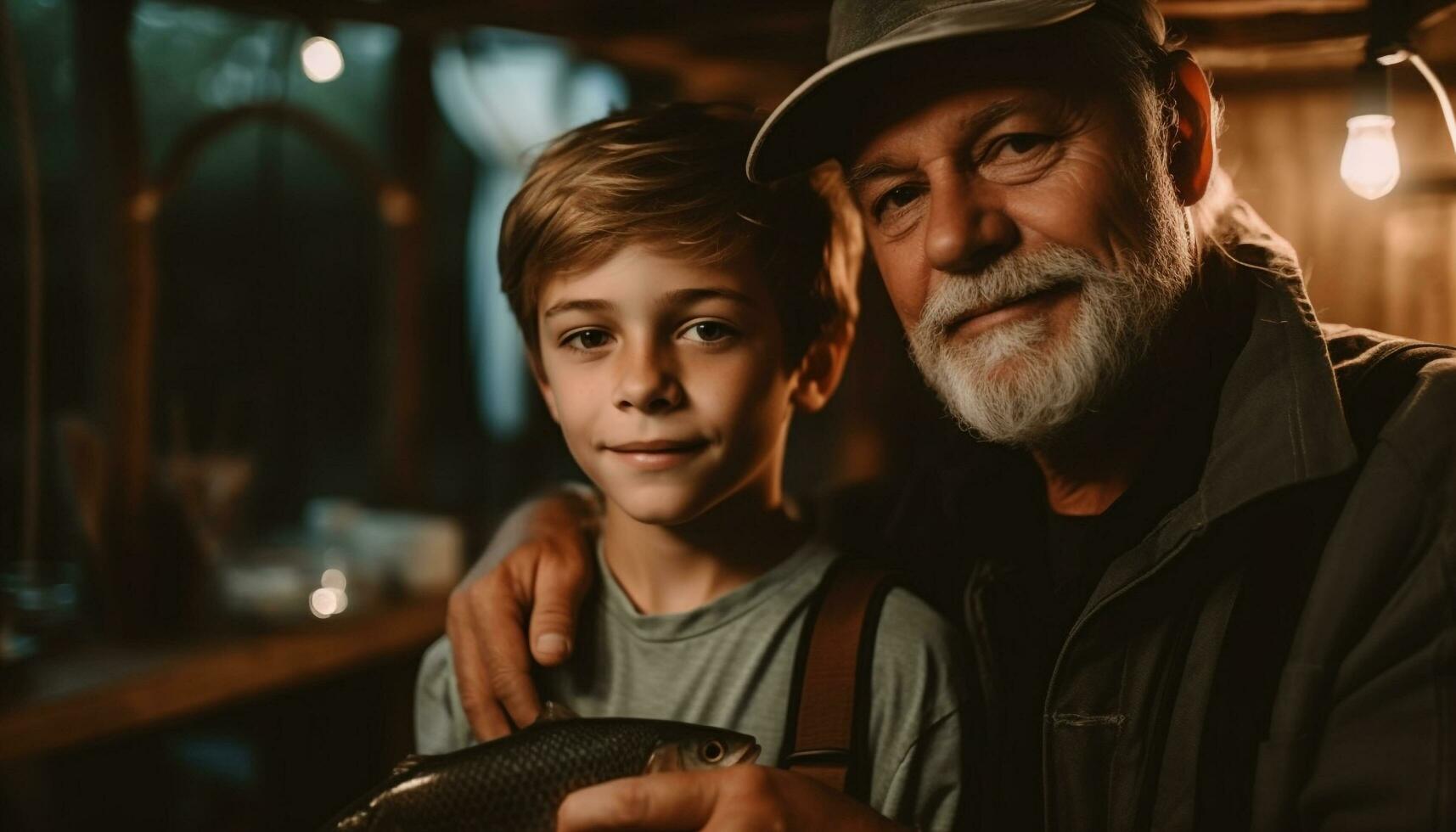 Multi generation family embraces winter joy, smiling and looking at camera generated by AI photo