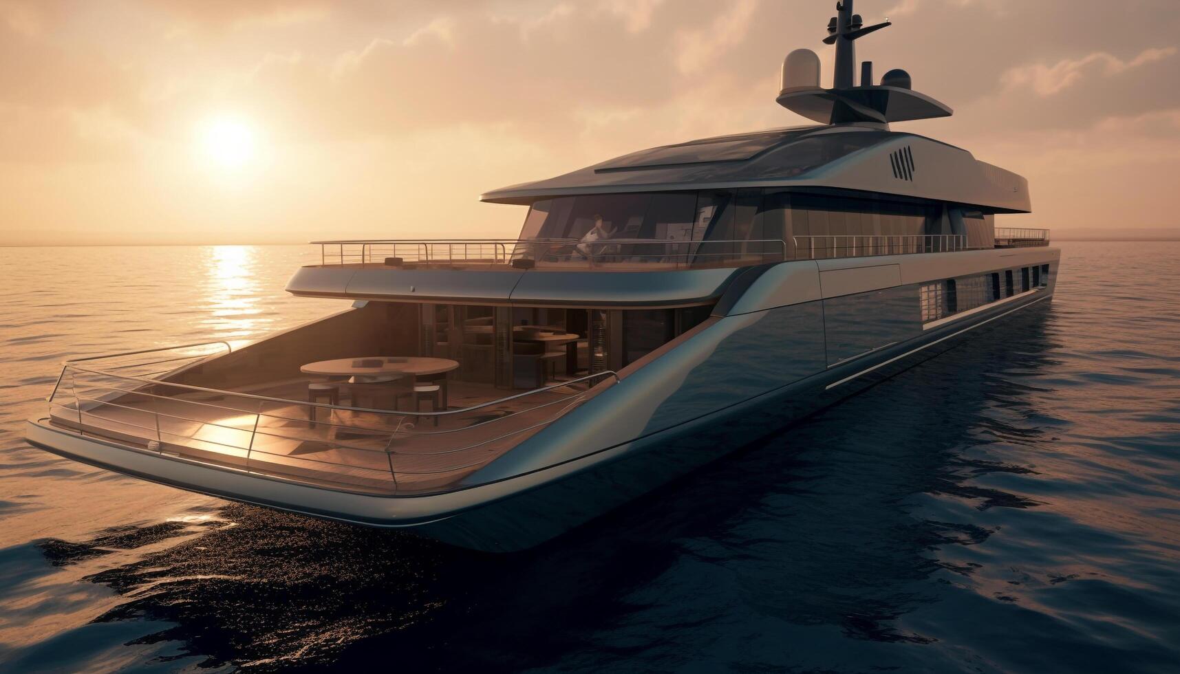 Luxury yacht sails into the sunset, a tranquil seascape adventure generated by AI photo