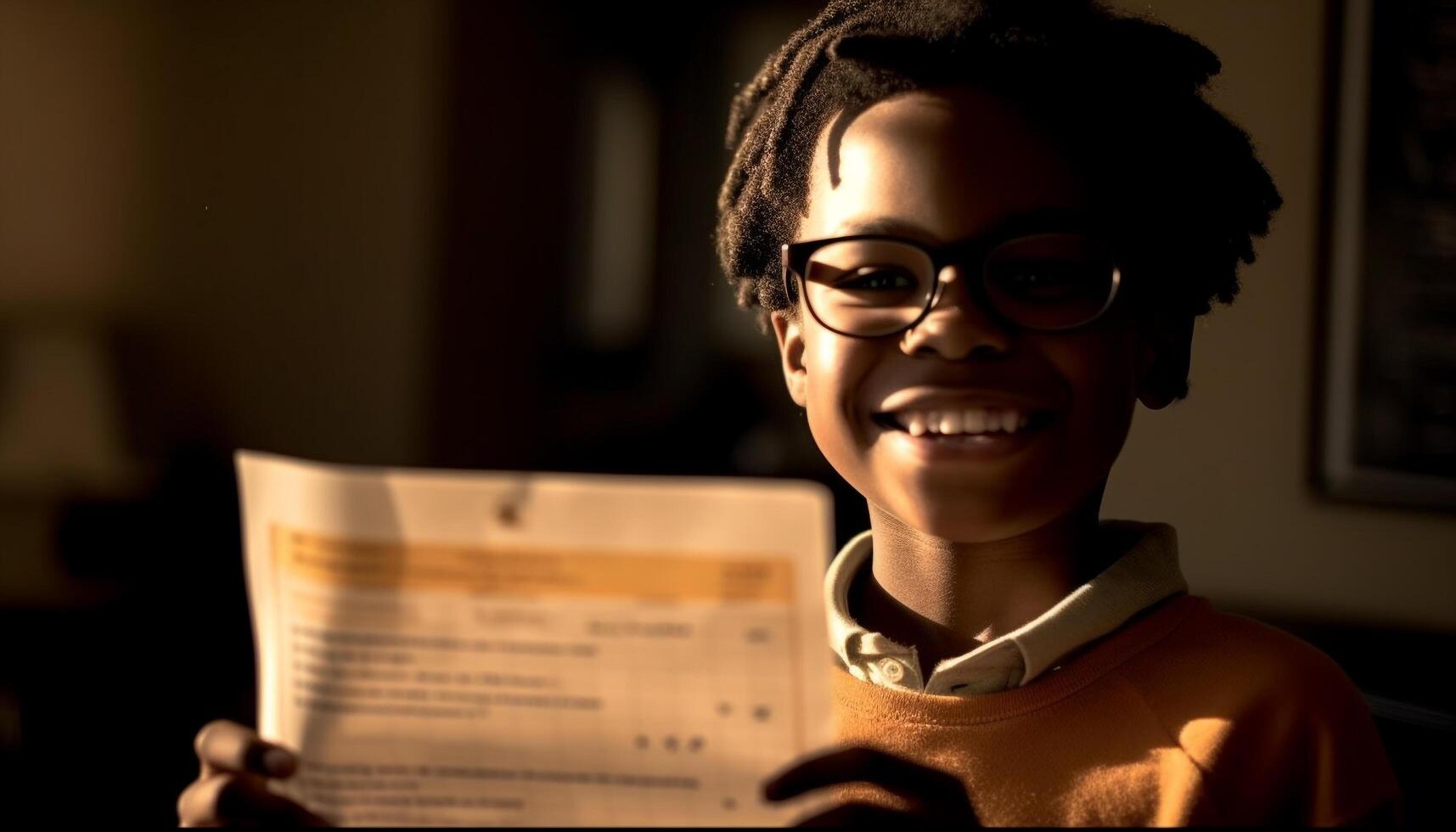 African woman smiling while studying religion indoors with book generated by AI photo