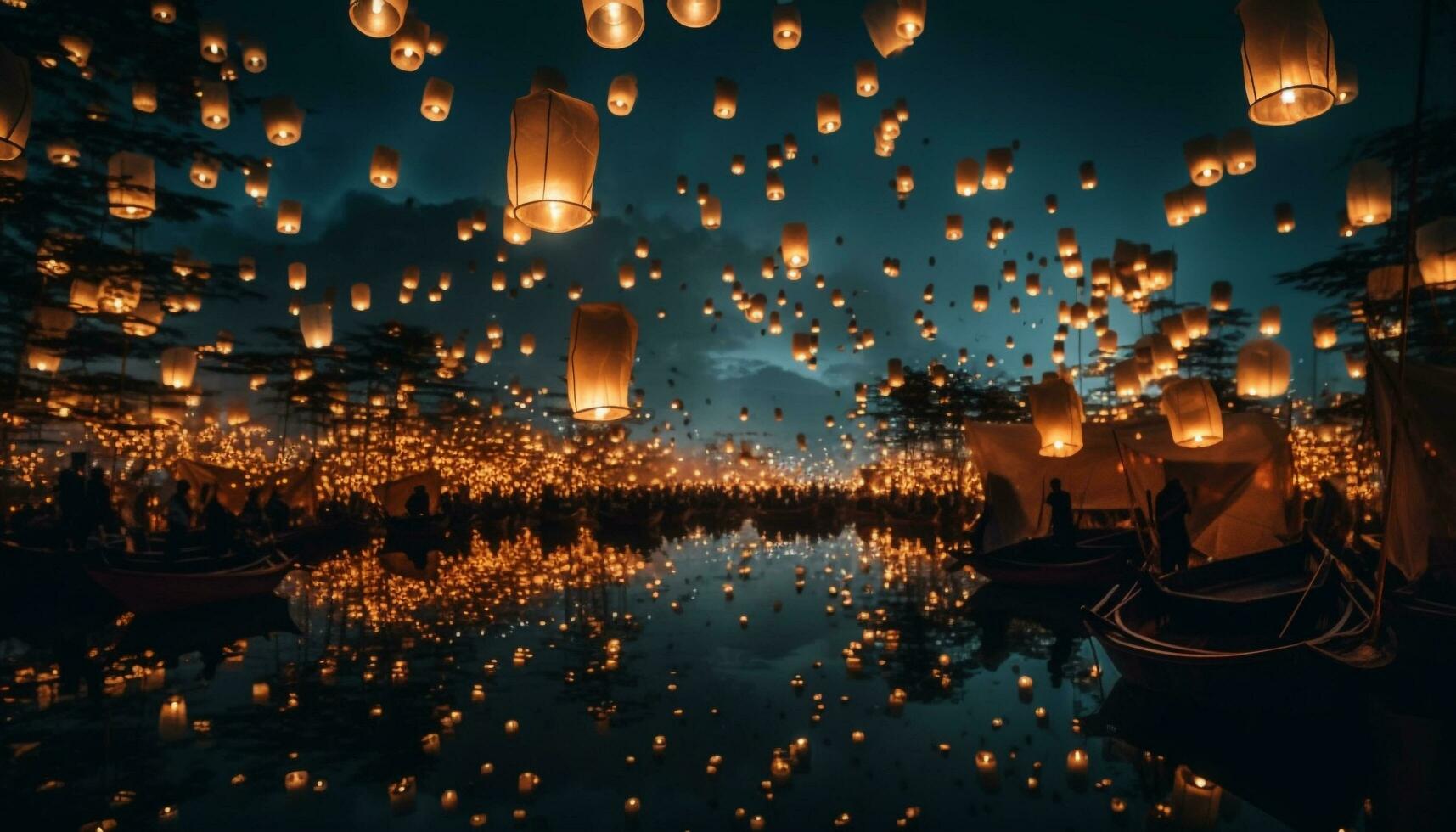 Traditional lantern ceremony illuminates night sky in East Asian culture generated by AI photo