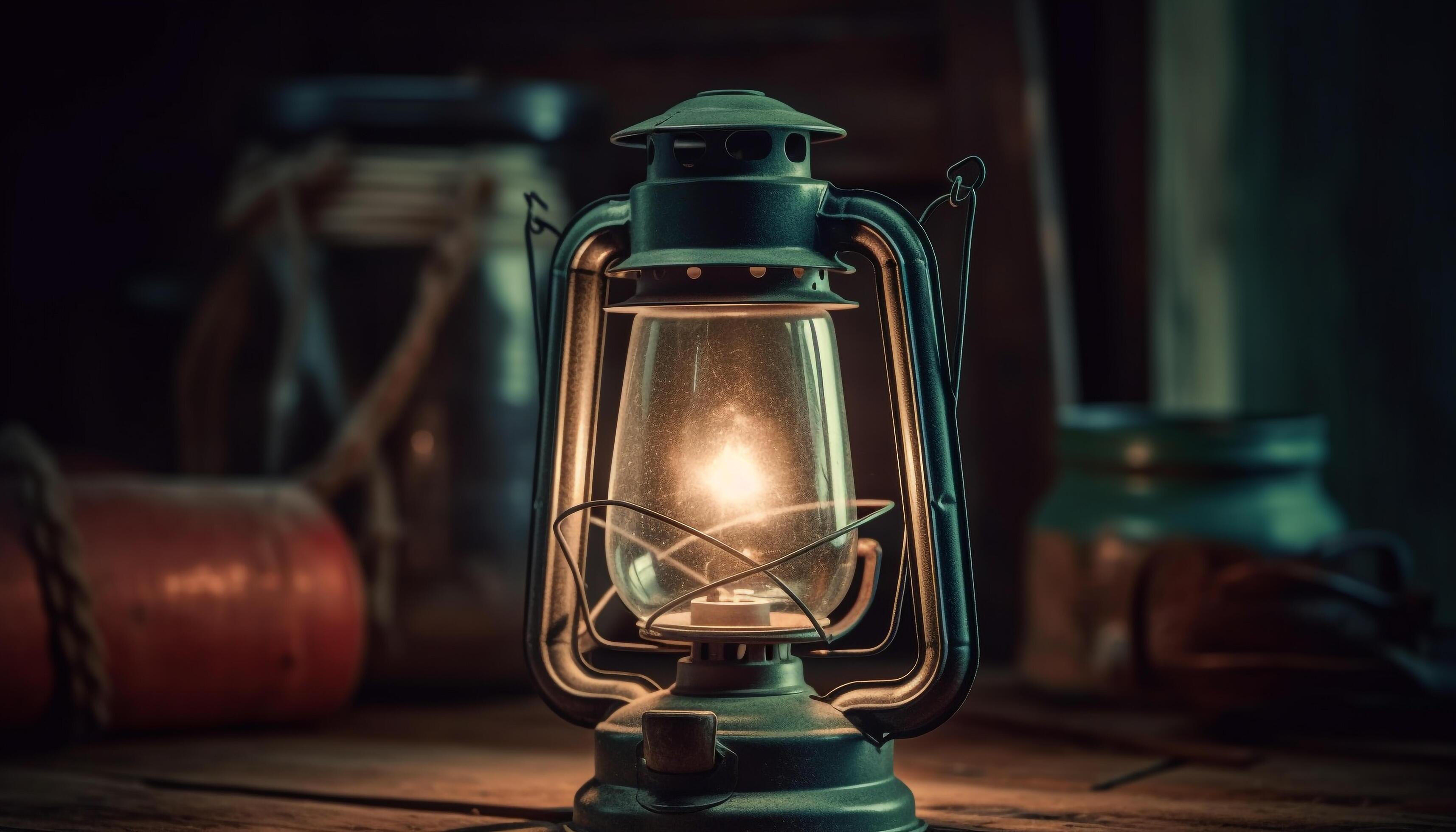 Rustic lantern illuminates dark outdoors with old fashioned