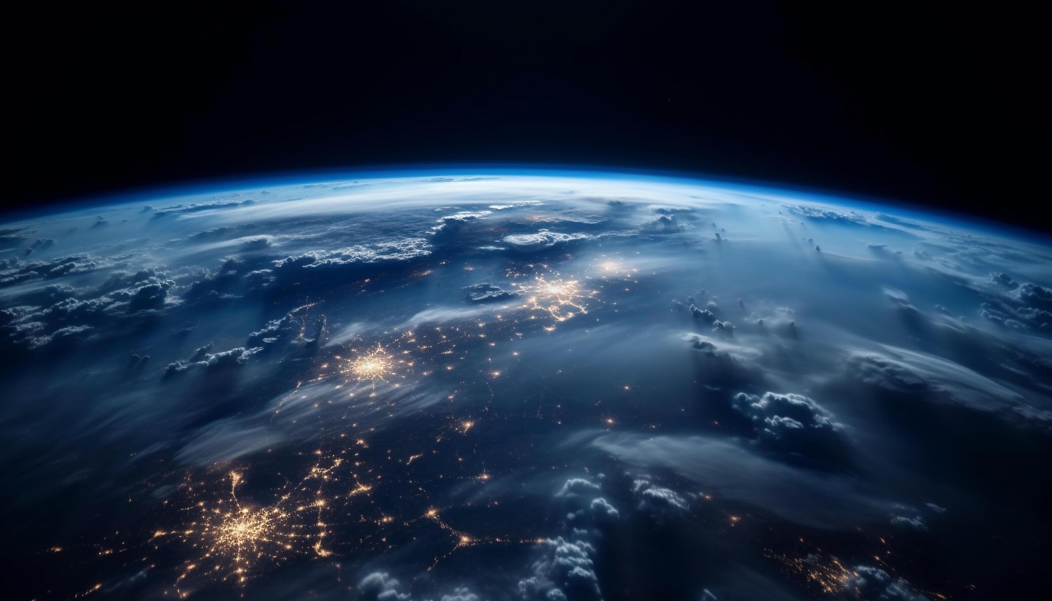 Glowing satellite orbits dark in deep space at night generated
