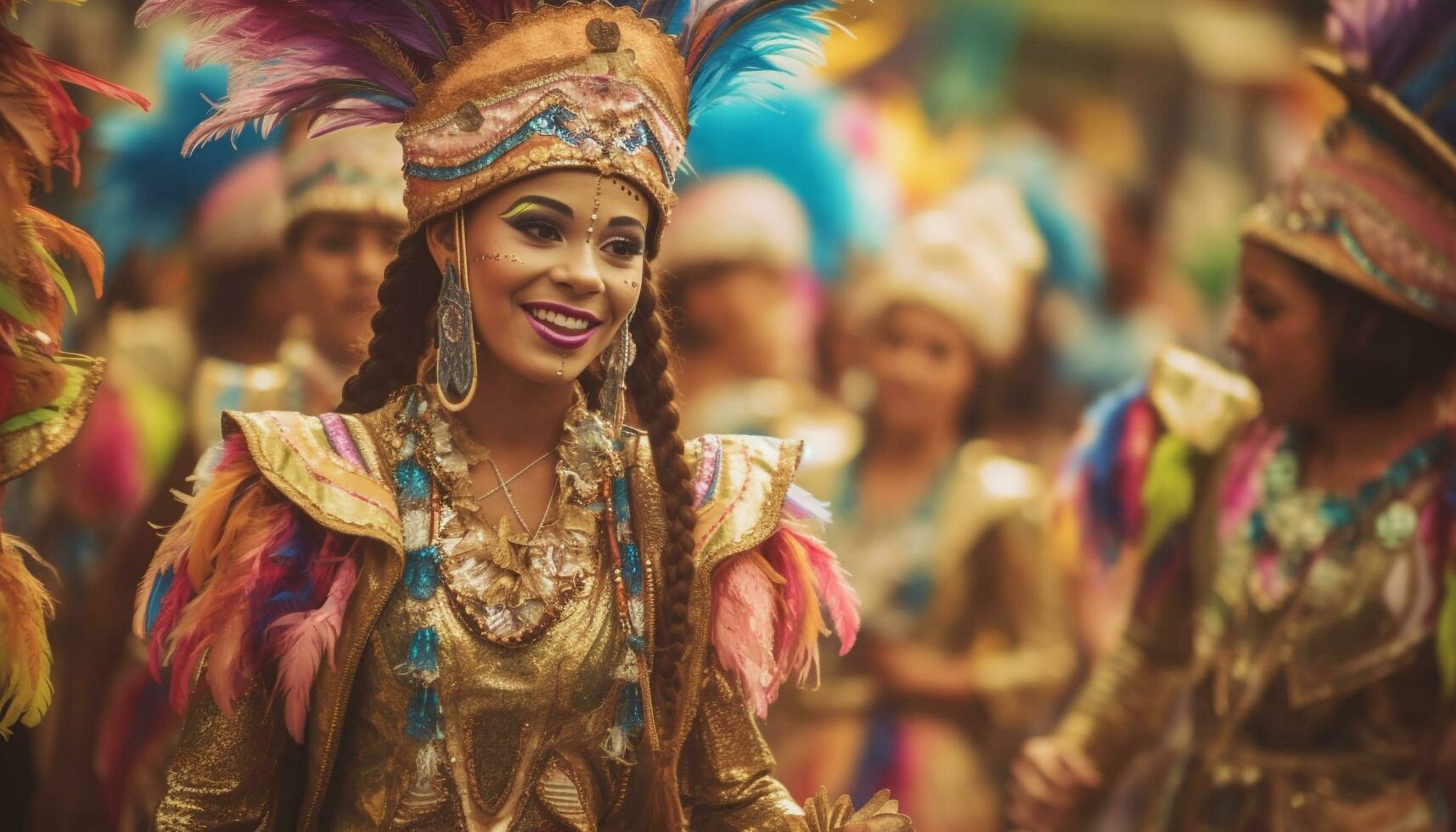 sonriente mujer en tradicional ropa danza samba a brasileño carnaval generado por ai foto