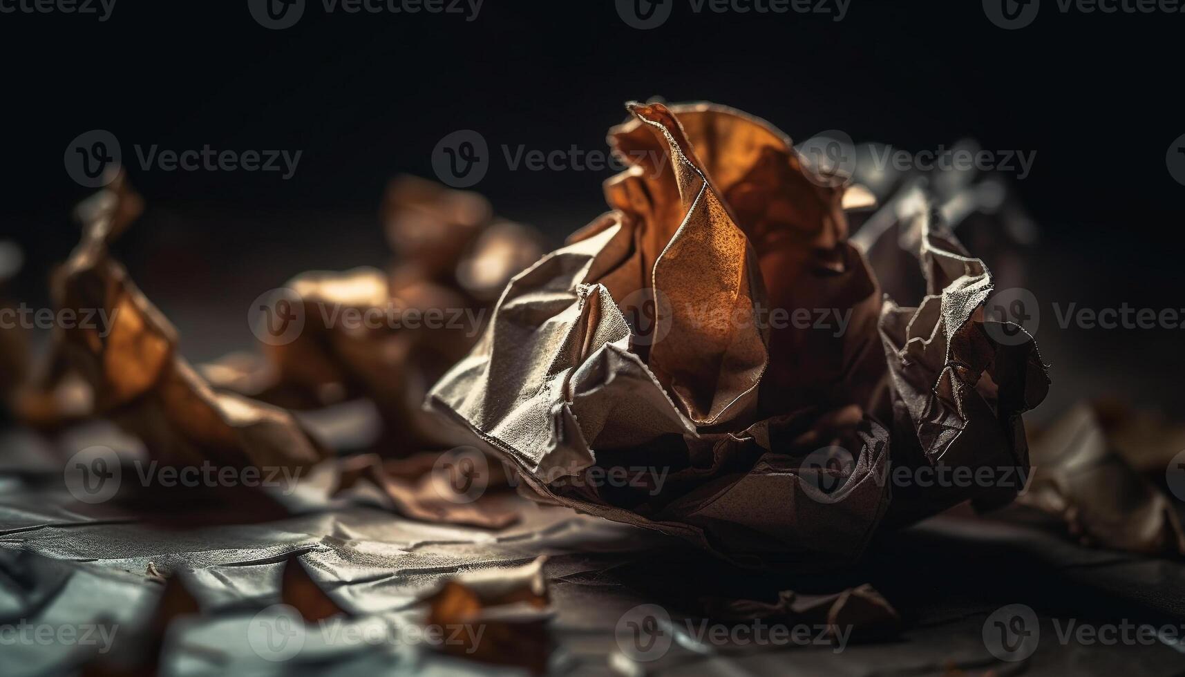 Crushed chocolate packet, a messy background of crumpled paper generated by AI photo