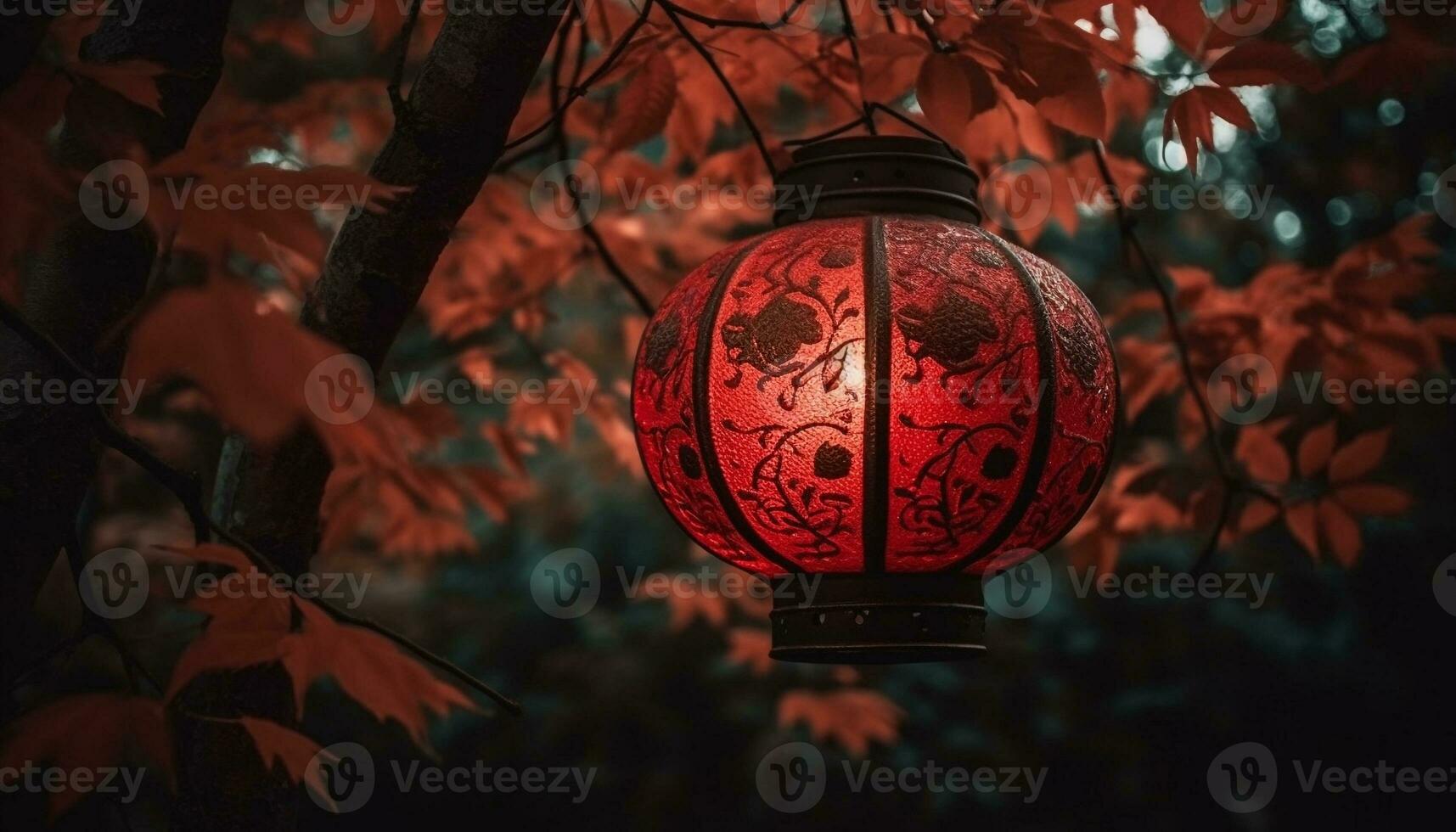 Ornate paper lanterns illuminate traditional Chinese celebration in nature backdrop generated by AI photo