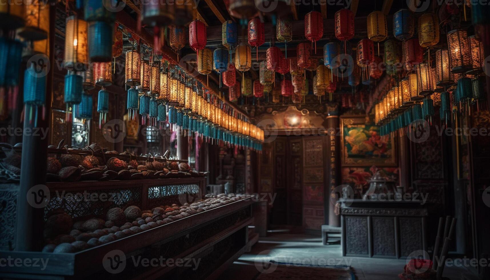 un iluminado linterna Tienda vitrinas abundancia de chino recuerdos generado por ai foto