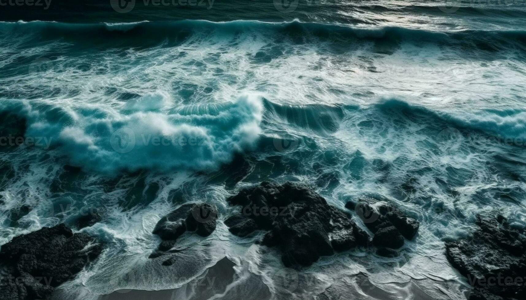rotura olas choque en contra rocoso línea costera, creando resumen belleza en naturaleza generado por ai foto