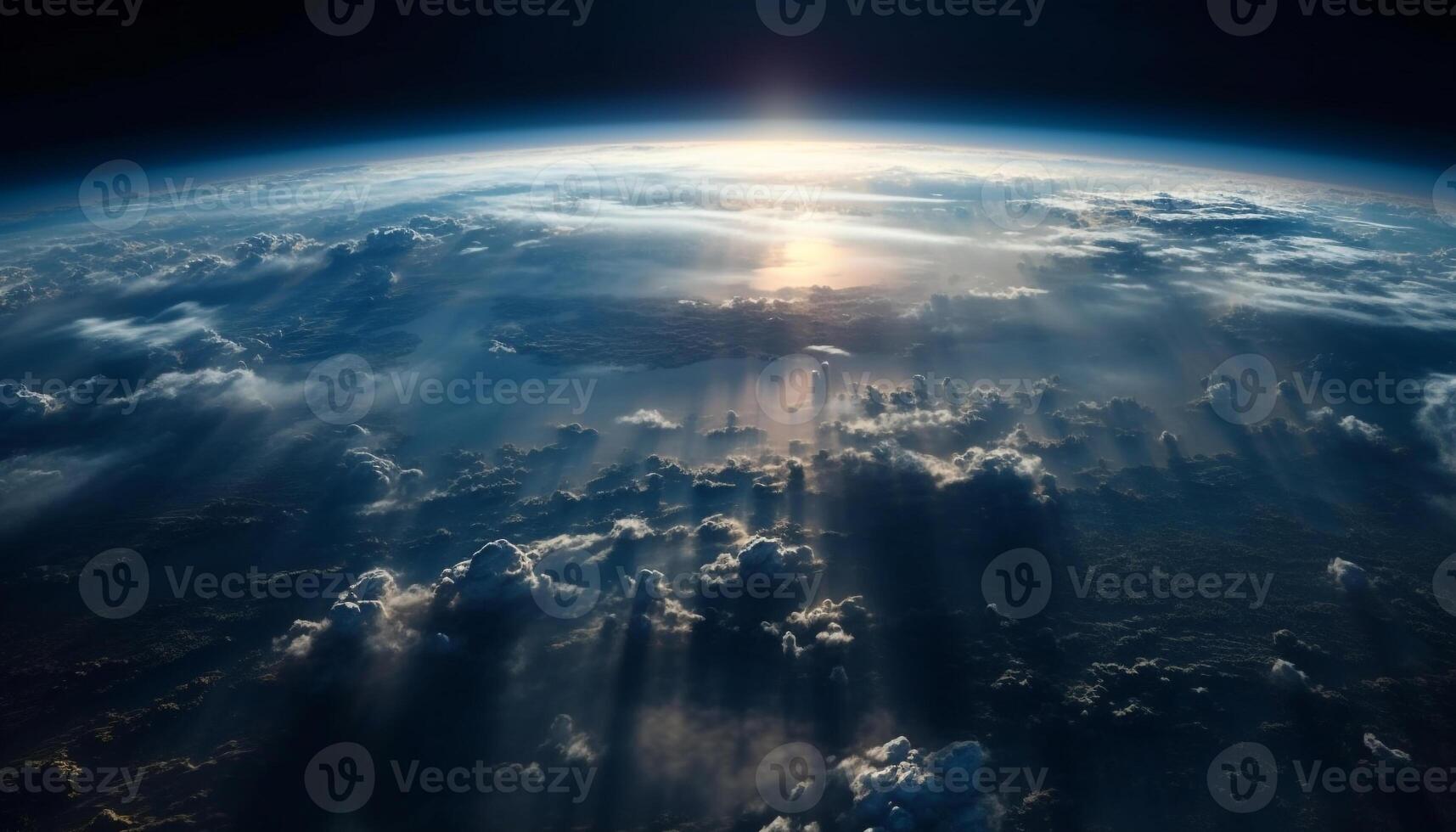 Abstract galaxy panorama blue planet and mountain range in stratosphere generated by AI photo
