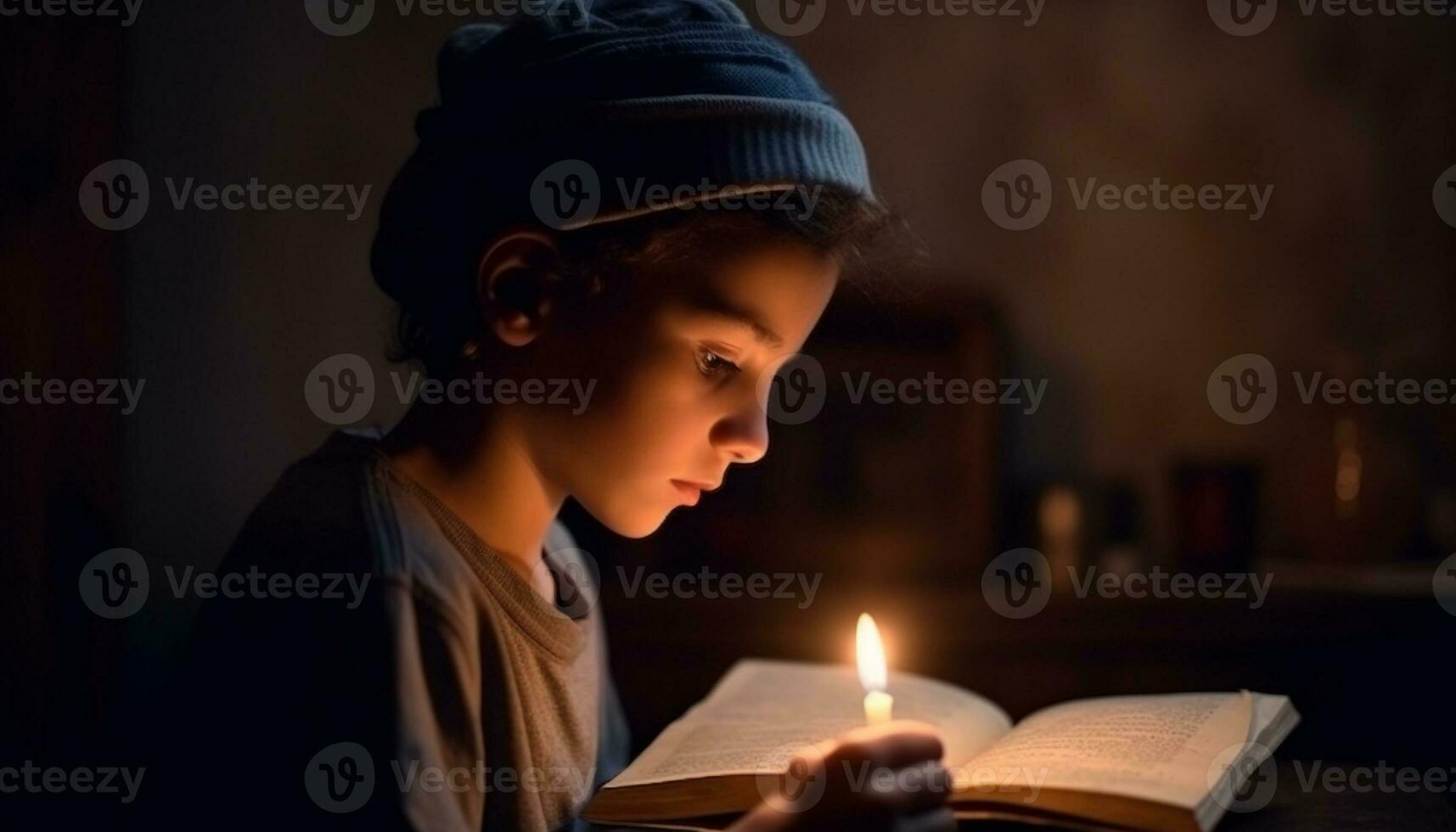 The schoolboy, smiling, reads the Bible by candlelight with joy generated by AI photo