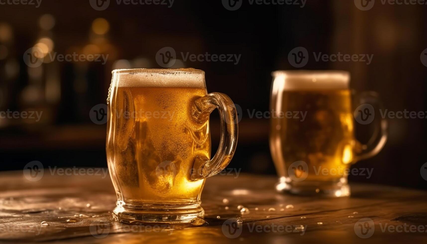 A frothy pint of dark stout on a wooden table generated by AI photo