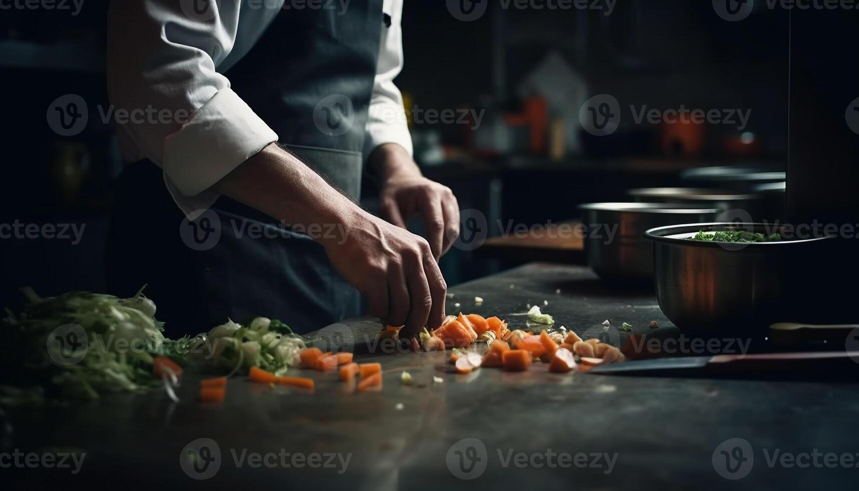 un gastrónomo cocinero prepara un sano vegetariano ensalada para almuerzo generado por ai foto