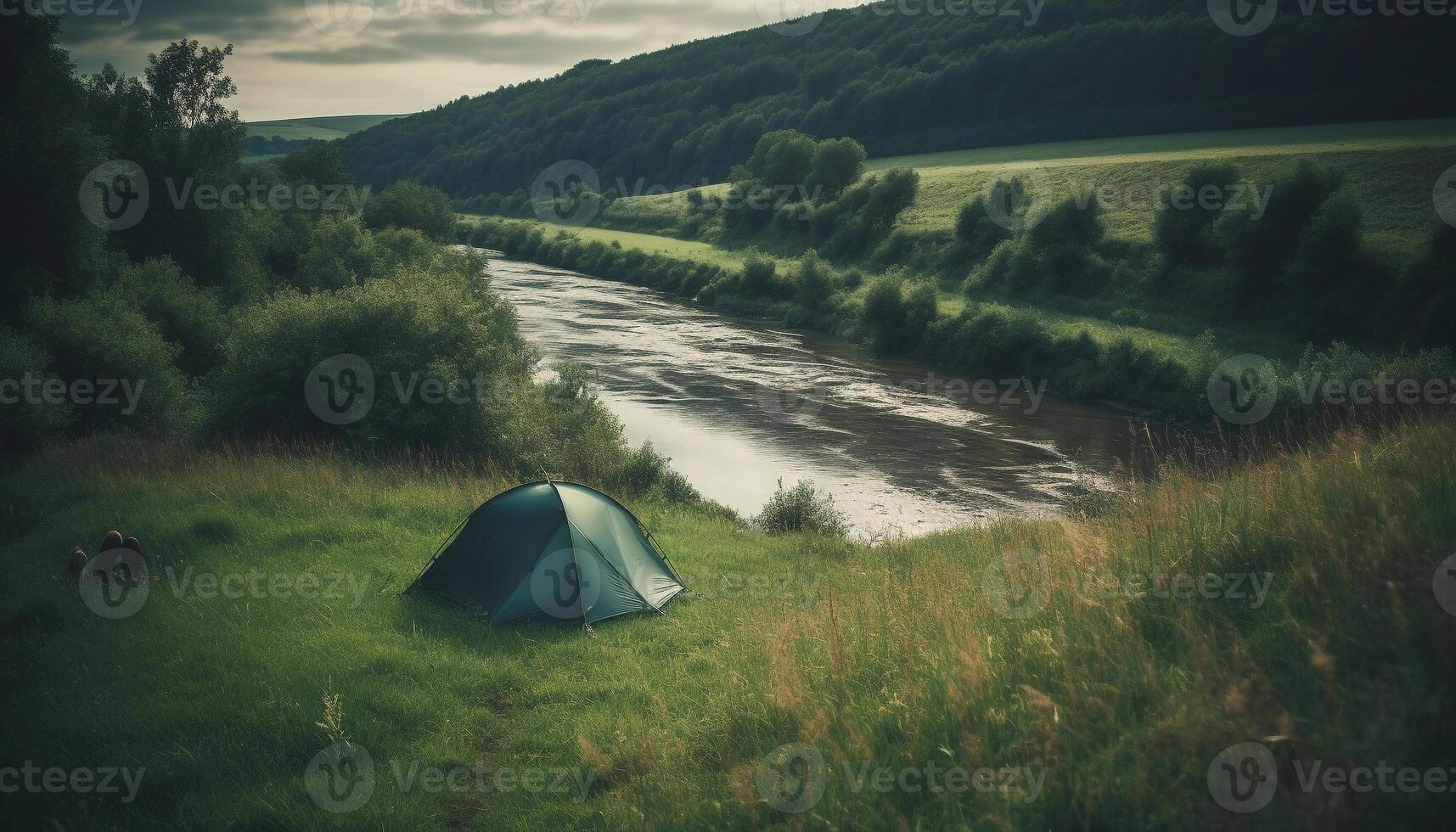 Solitude in wilderness area, backpack and dome tent for relaxation generated by AI photo