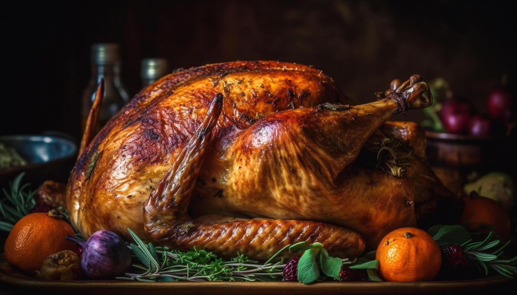 A rustic homemade roast turkey with pumpkin and cranberry stuffing generated by AI photo