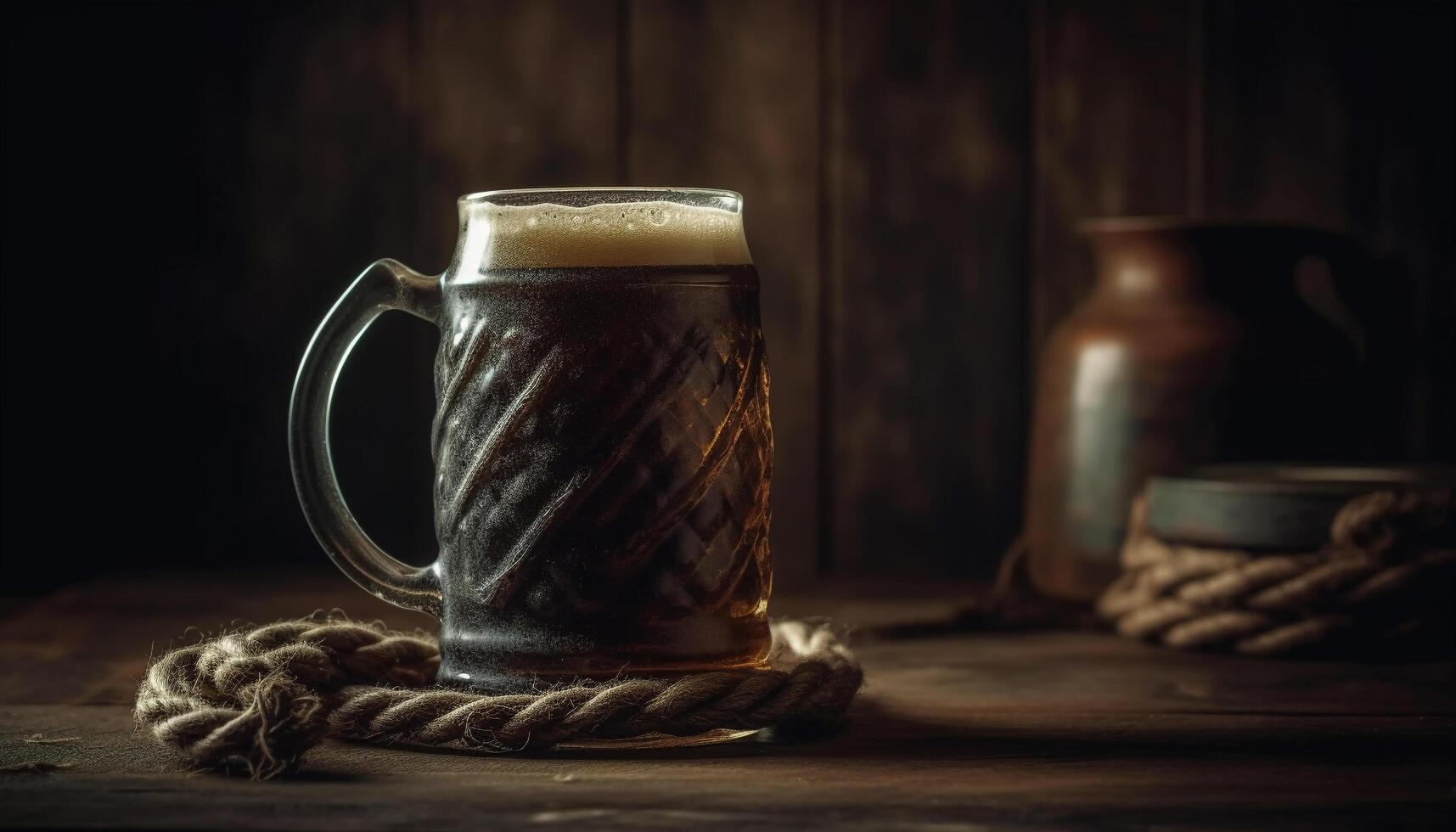 A rustic whiskey still life old fashioned glass, rough wood table generated by AI photo