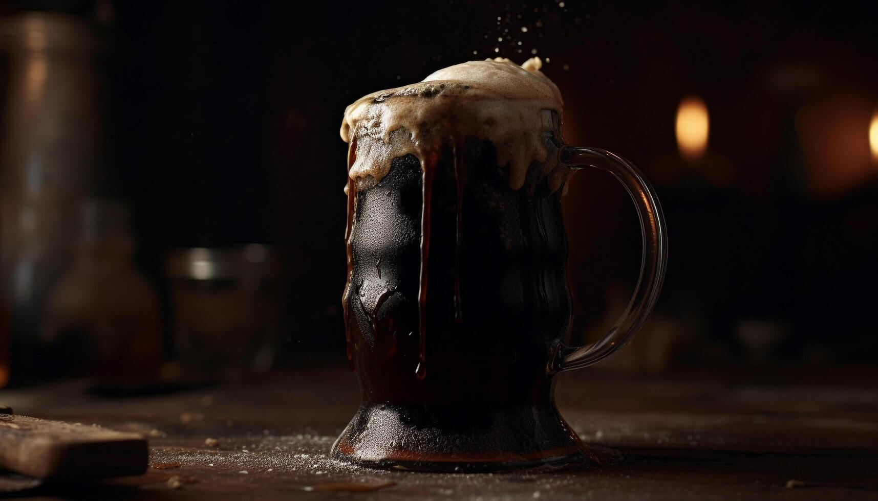 A frothy drink in a pint glass on a rustic table generated by AI photo