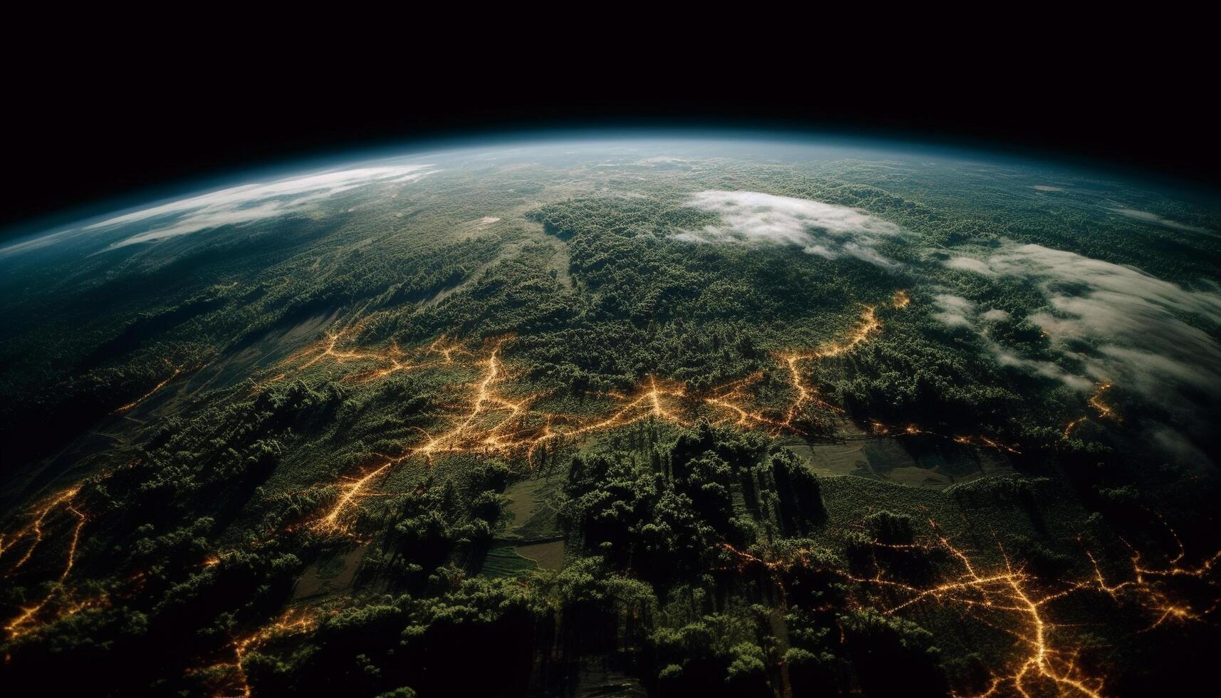 Glowing Milky Way illuminates dark sky, orbiting satellite observes Earth generated by AI photo