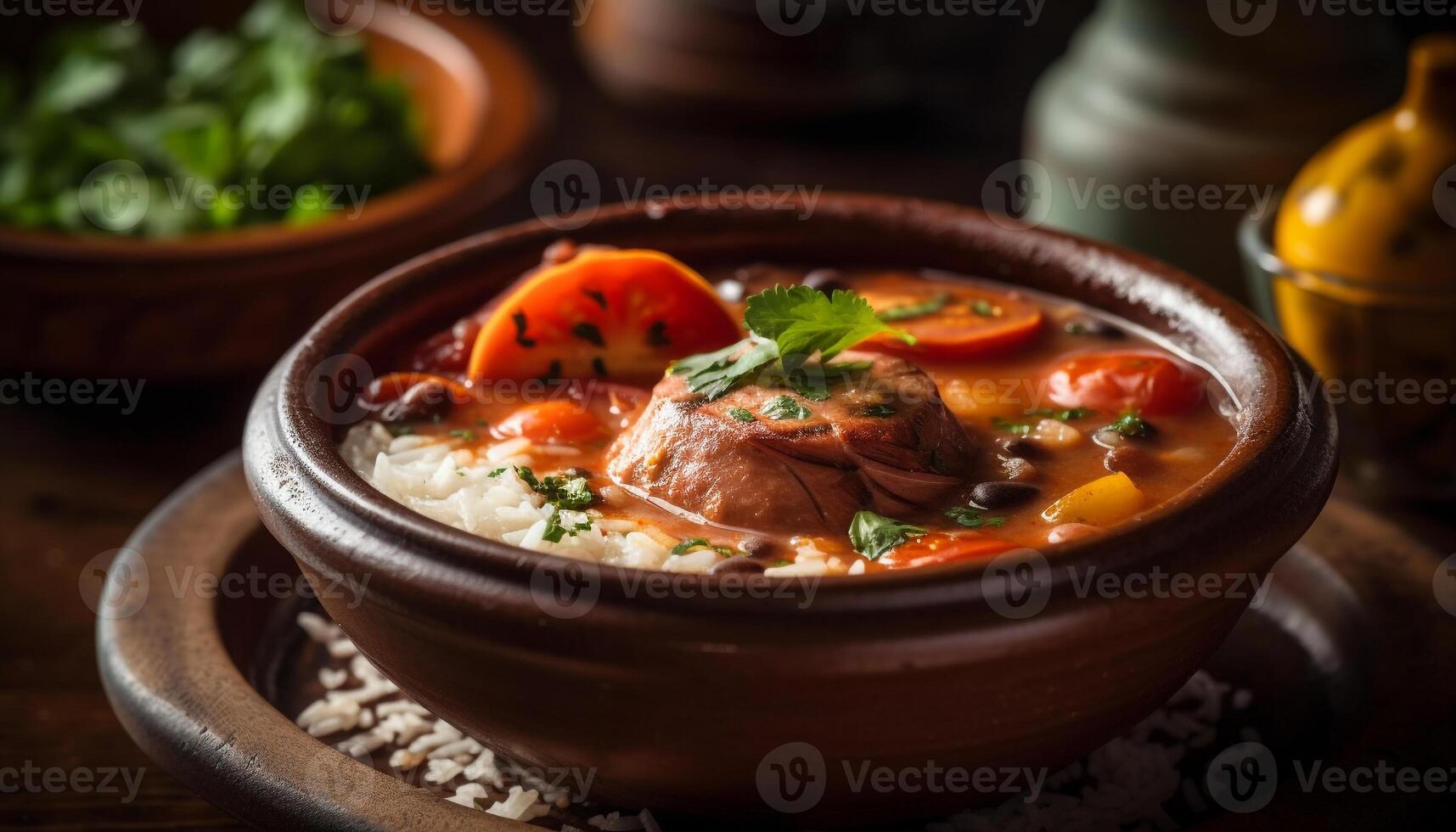 A rustic plate of braised pork stew with fresh vegetables generated by AI photo