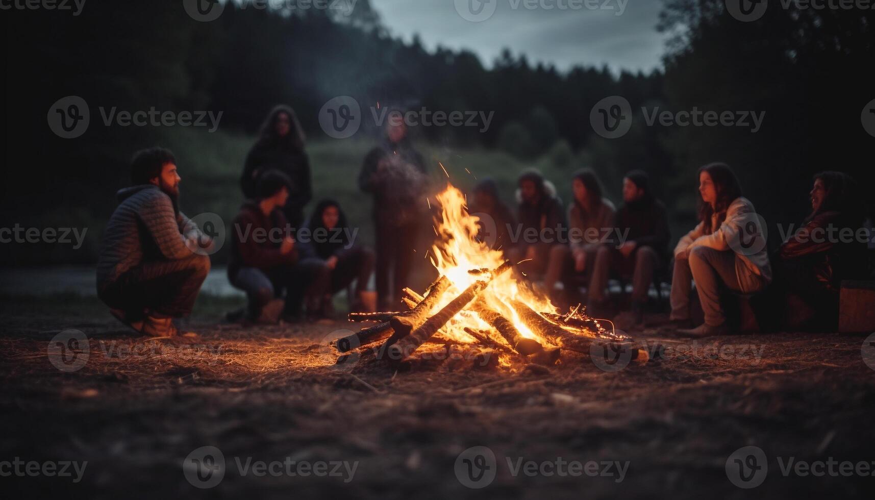 hombres y mujer sentado por hoguera, disfrutando naturaleza natural fenómeno generado por ai foto