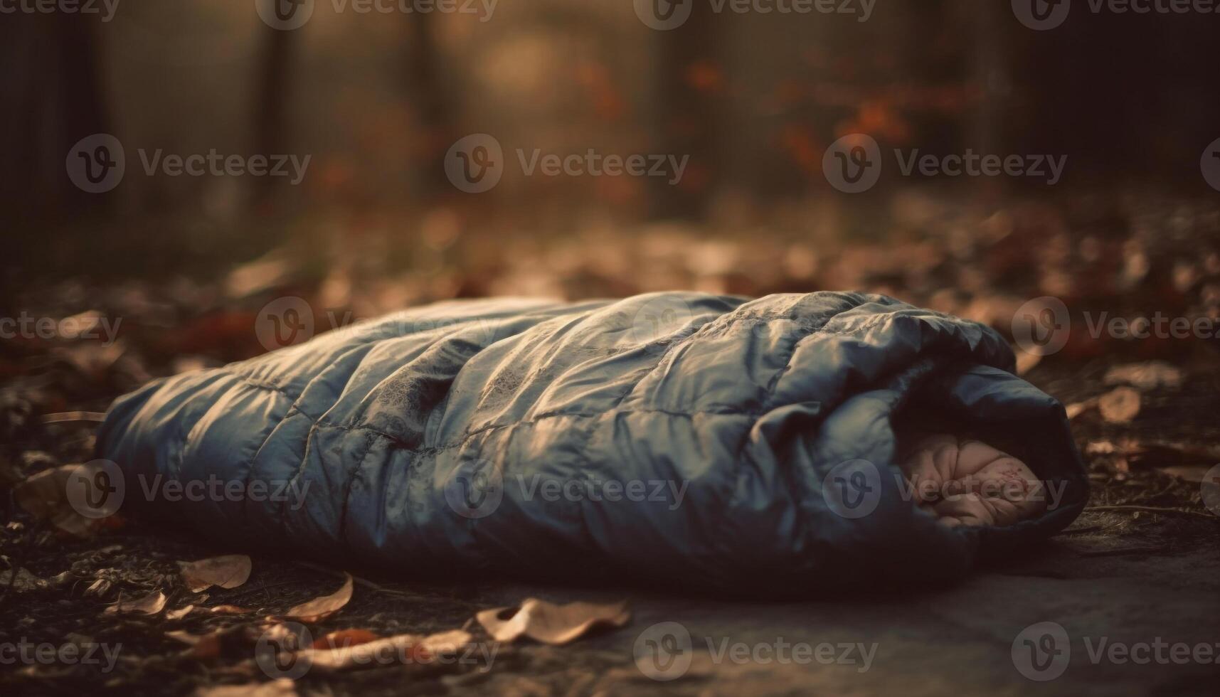 Dirty plastic bag pollutes nature beauty in abandoned forest generated by AI photo