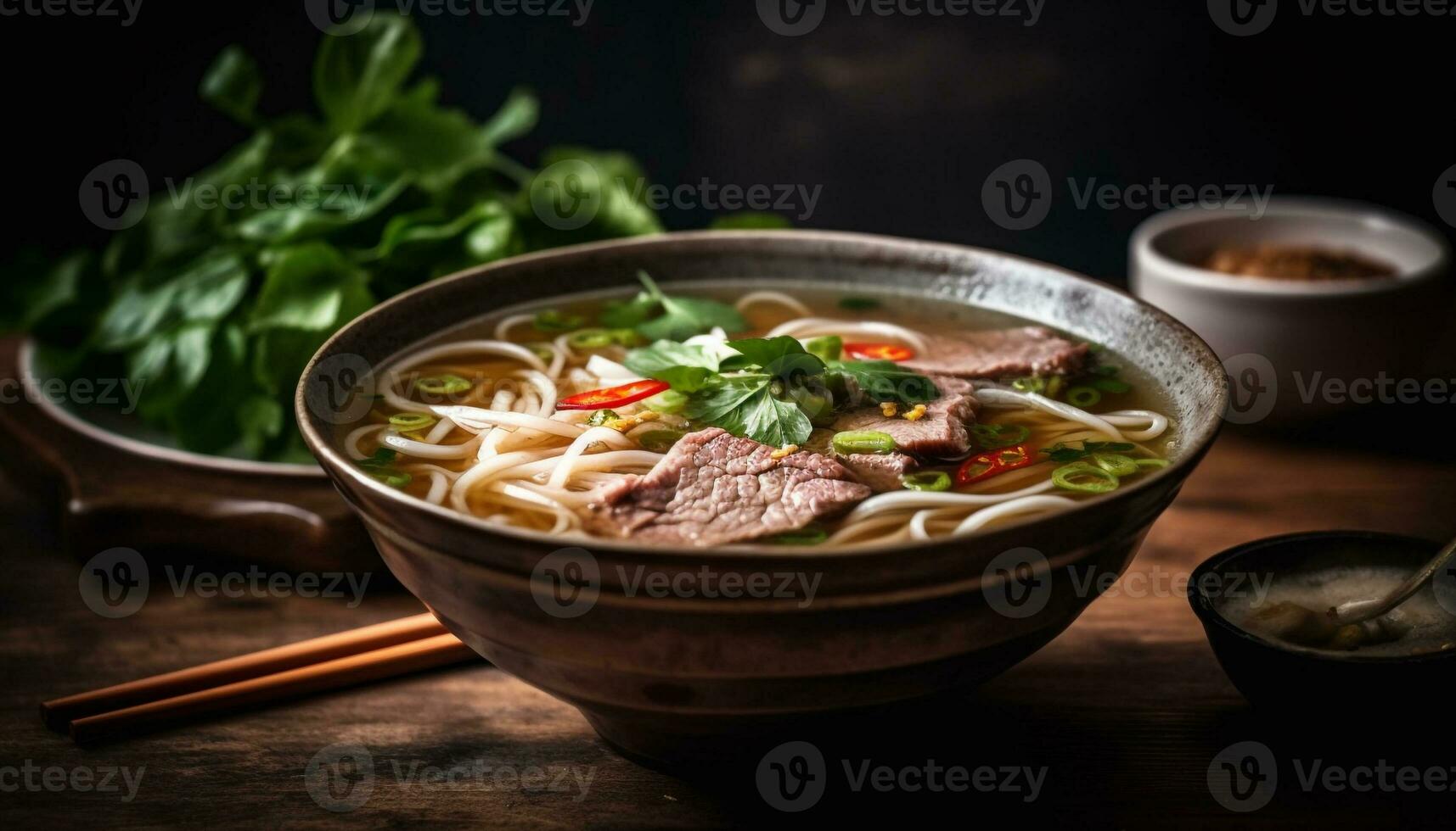 un gastrónomo cuenco de sano fideos sopa con Fresco cilantro generado por ai foto