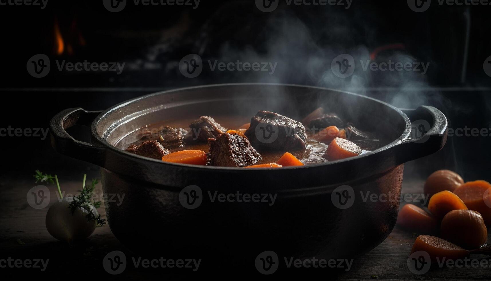 Homemade beef stew braised on cast iron grill, organic spice generated by AI photo