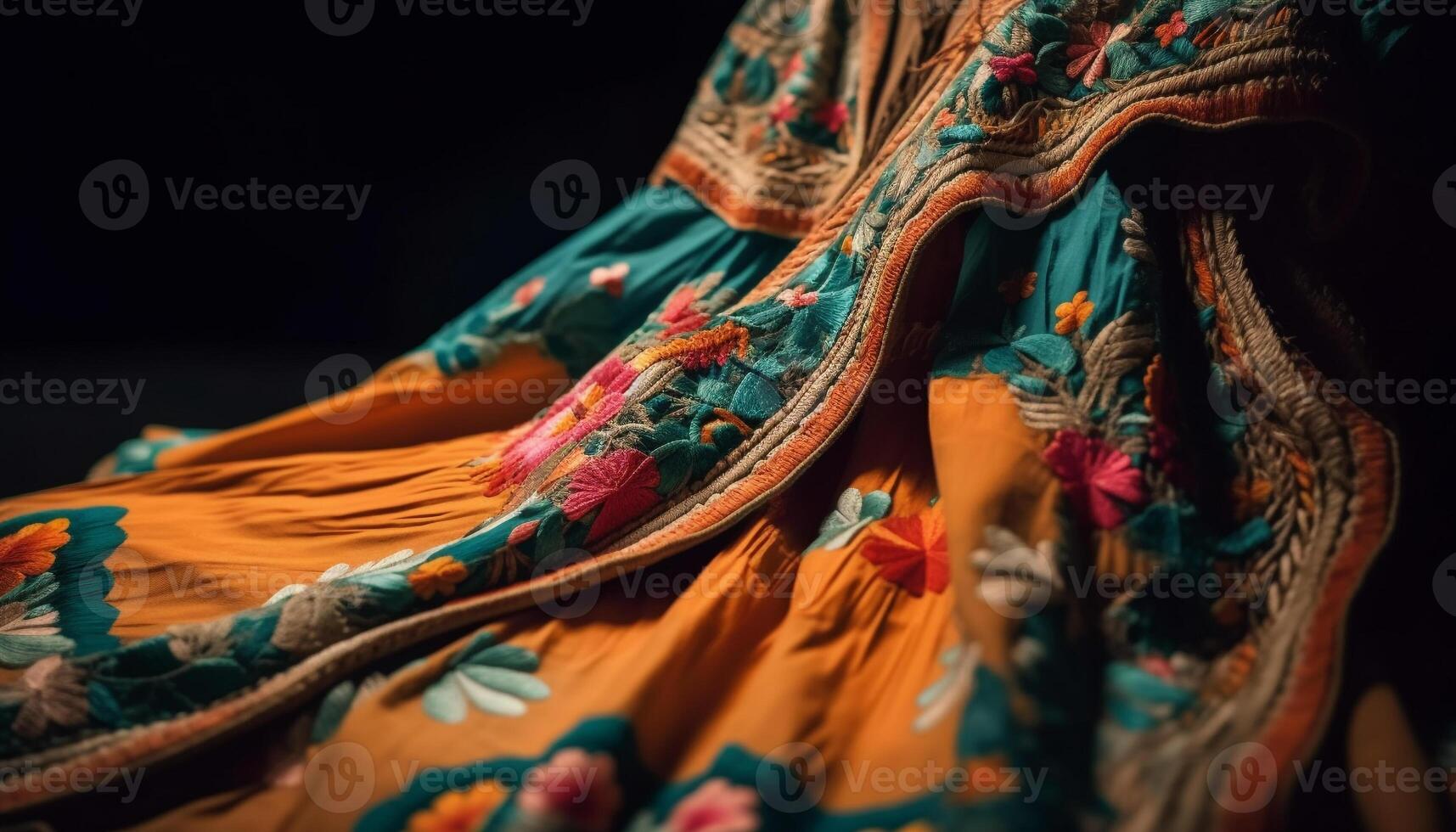 Indigenous craft product showcases vibrant woven wool pattern on sarong generated by AI photo