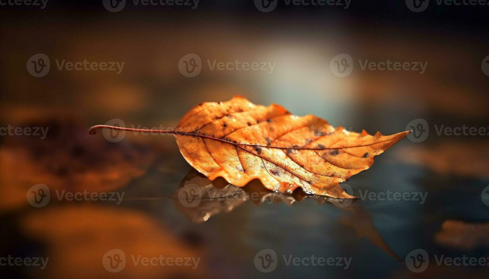 Vibrant autumn colors reflect on tranquil pond, defocused forest background generated by AI photo