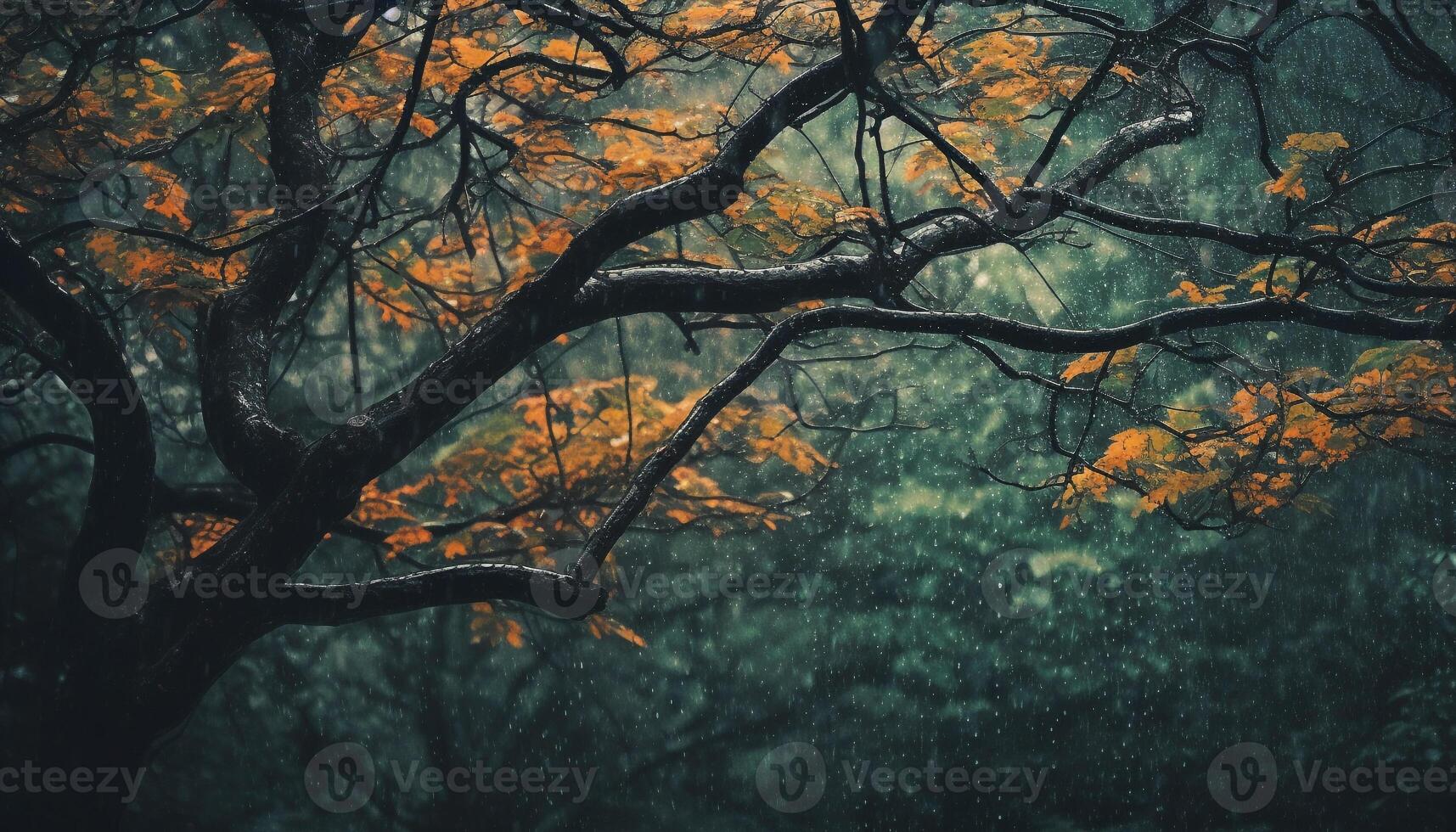 In the spooky forest, yellow leaves fall on dark branches generated by AI photo