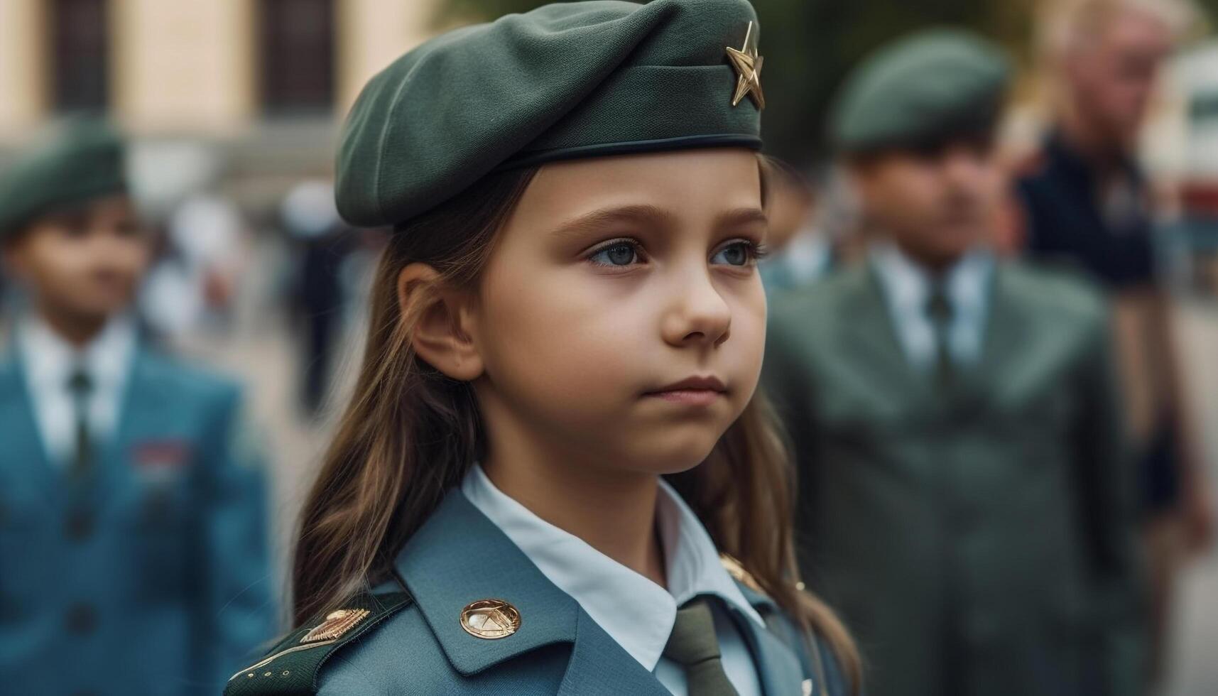 Smiling child in military uniform cap, looking at camera confidently generated by AI photo