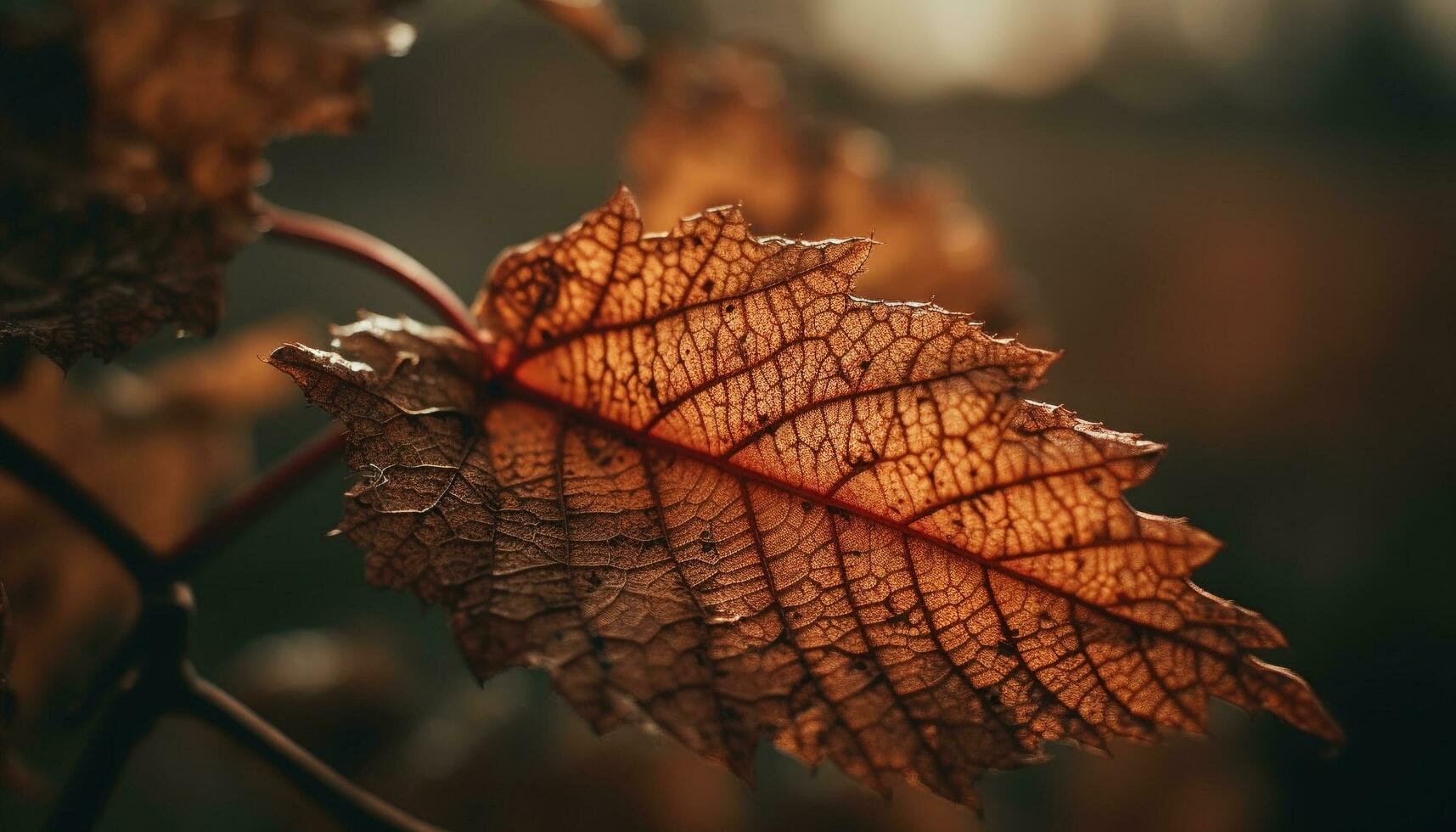 Vibrant autumn foliage falls gracefully in the backlit forest generated by AI photo