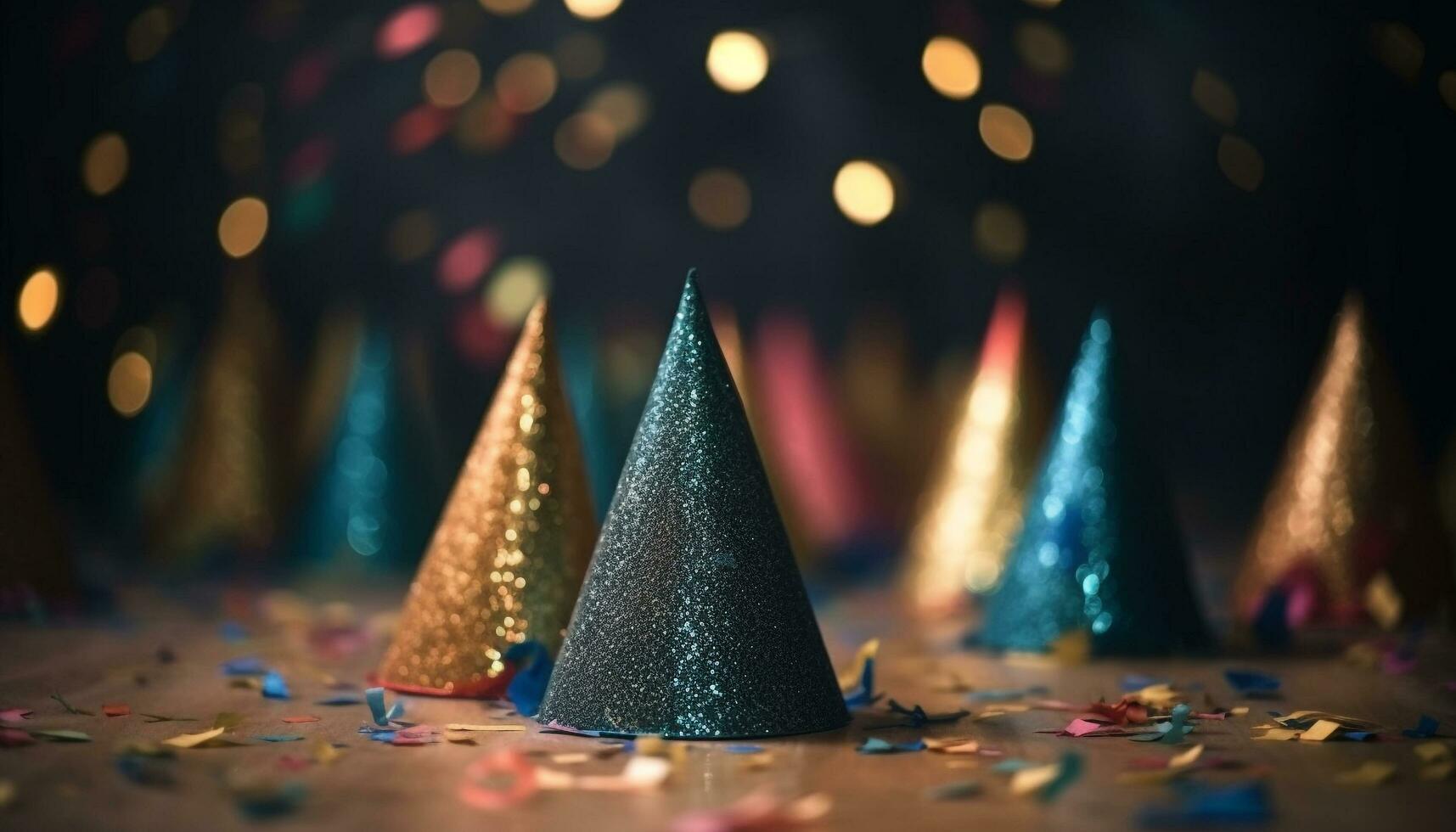 New Year celebration confetti, decoration, and glowing gold backdrop generated by AI photo